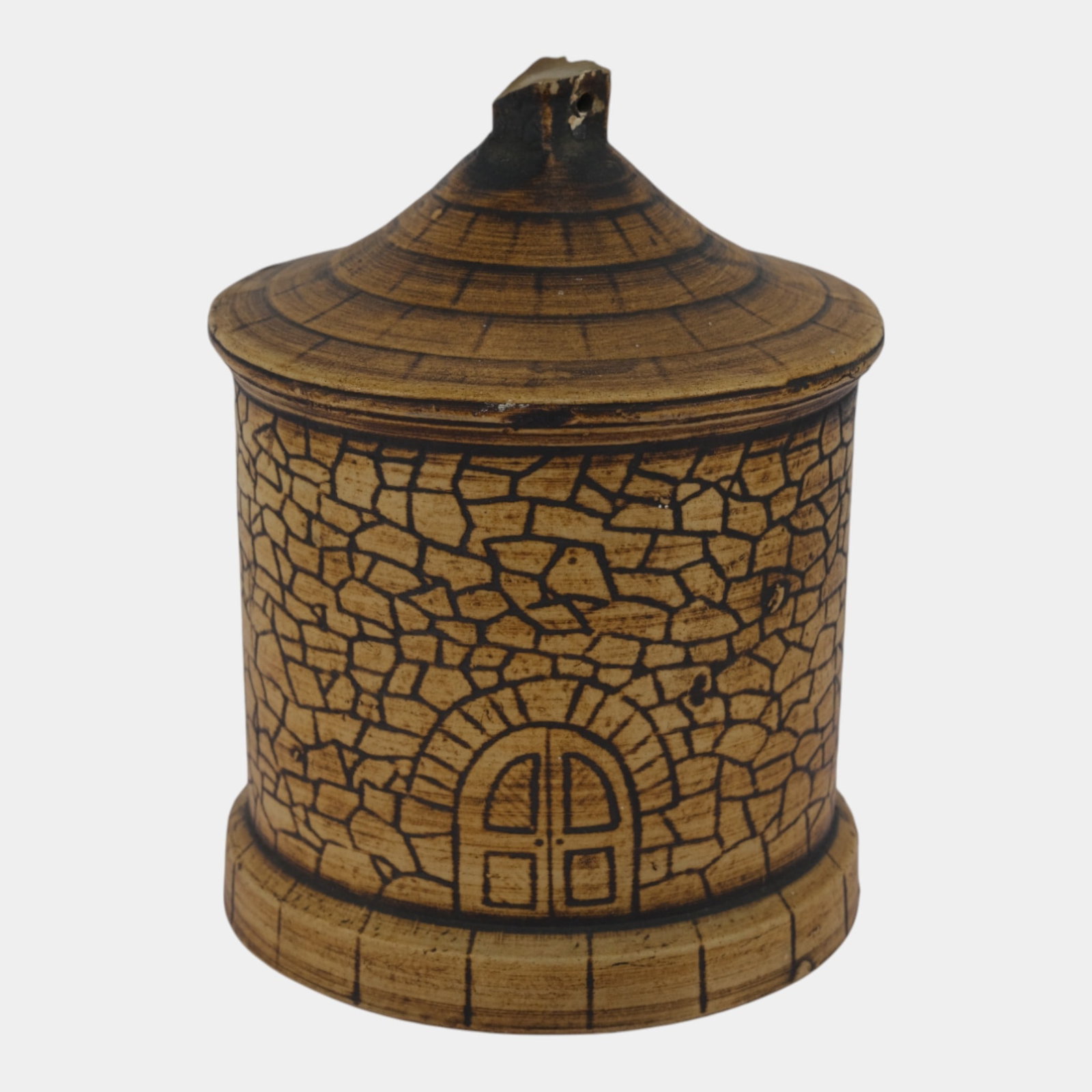 Monmouth Western Stoneware Art Pottery Stone Pattern Surface Bird House: We offer affordable in-house shipping on all items.For higher resolution images please visit bid.craftedauctions.com Monmouth Western Stoneware Art Pottery Stone Pattern Surface Bird House Chip to fin