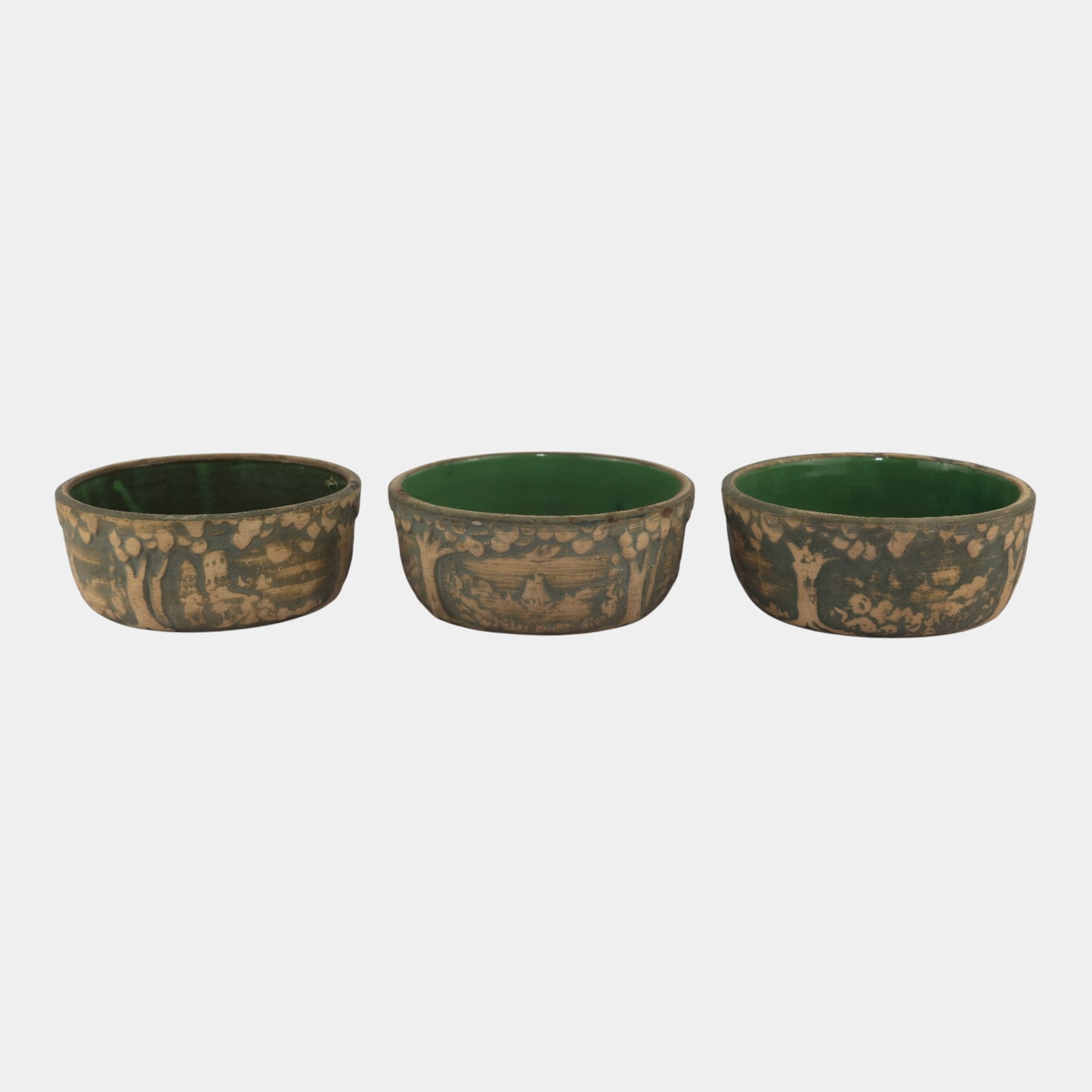 Three Red Wing Brush Ware Art Pottery Green Scenic Low Bowls (1 of 4)
