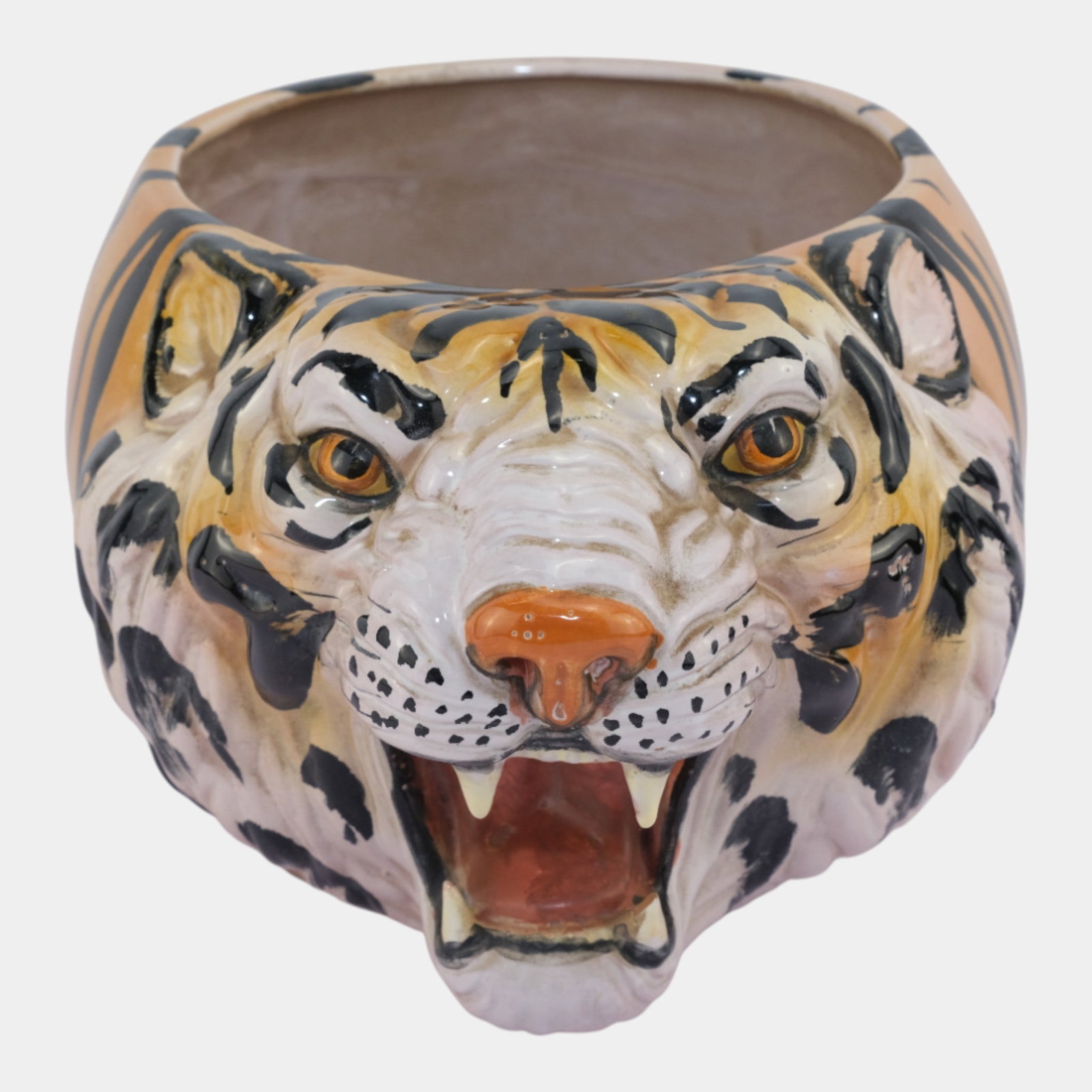 Italian Mid Century Majolica Fierce Tiger Head Art Pottery Figural Bowl Vase: We offer affordable in-house shipping on all items.For higher resolution images please visit bid.craftedauctions.com Italian Mid Century Majolica Fierce Tiger Head Art Pottery Figural Bowl Vase Excell