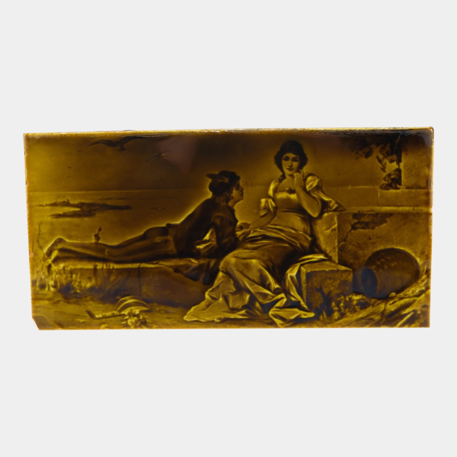 European Art Pottery Brown Majolica Horizontal Romantic Scene Ceramic Tile (1 of 4)