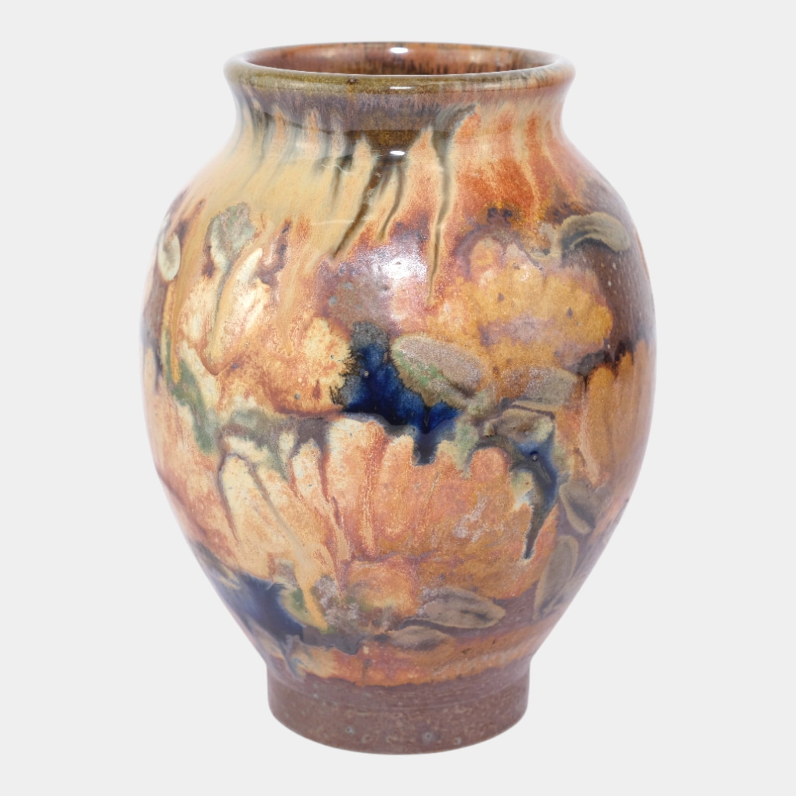American Studio Art Pottery Orange Blue Abstract Floral Decorated Baluster Vase: We offer affordable in-house shipping on all items.For higher resolution images please visit bid.craftedauctions.com American Studio Art Pottery Orange Blue Abstract Floral Decorated Baluster Vase Ric