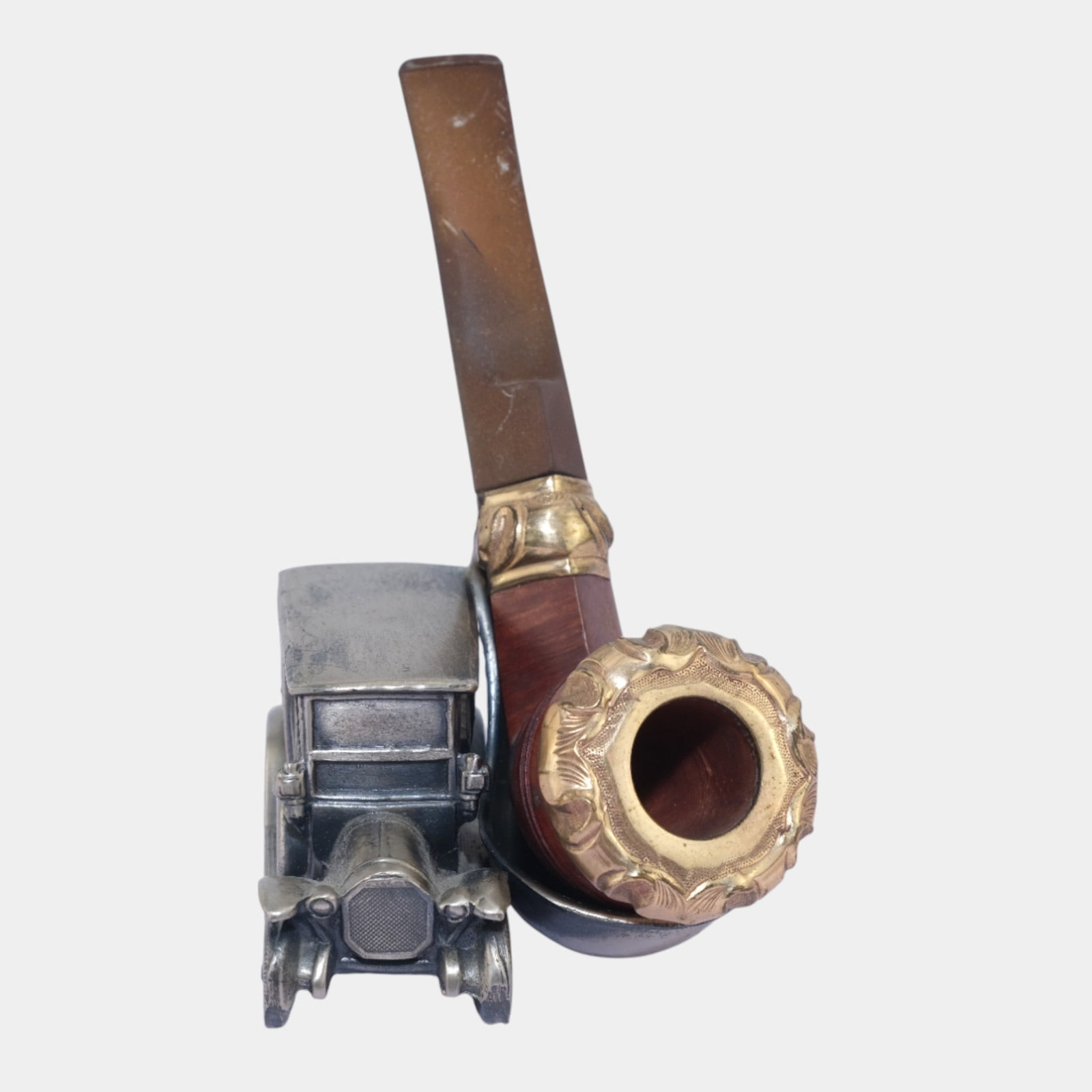 1910 Mercedes Benz Cast Metal Pipe Stand With Briar Wood Gold Accented Pipe (1 of 6)