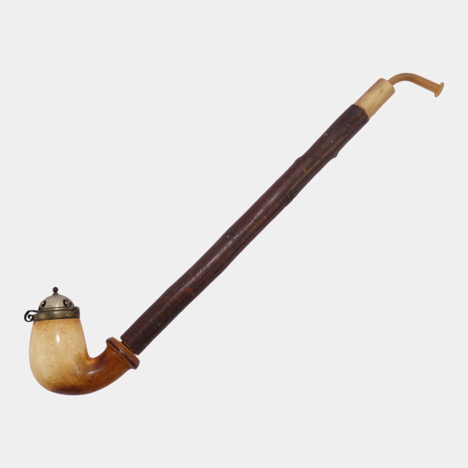 Late 19th Century Meerschaum Lidded Bowl Long Wooden Stem Smoking Pipe (1 of 4)