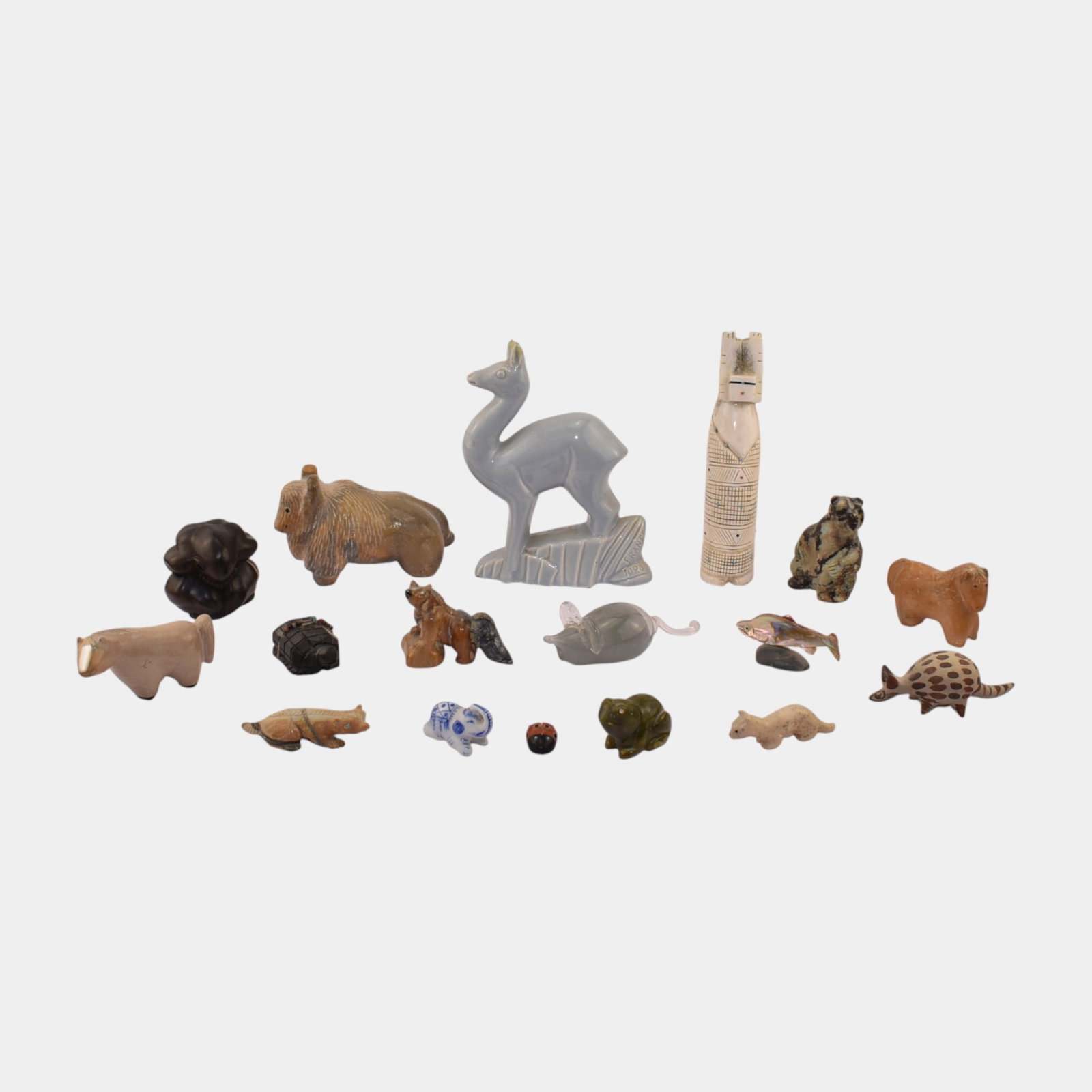 Various Folk Art Animals Figurines Made From Clay, Stone, Bone, And Glass: We offer affordable in-house shipping on all items.For higher resolution images please visit bid.craftedauctions.com Various Folk Art Animals Figurines Made From Clay, Stone, Bone, And Glass Condition