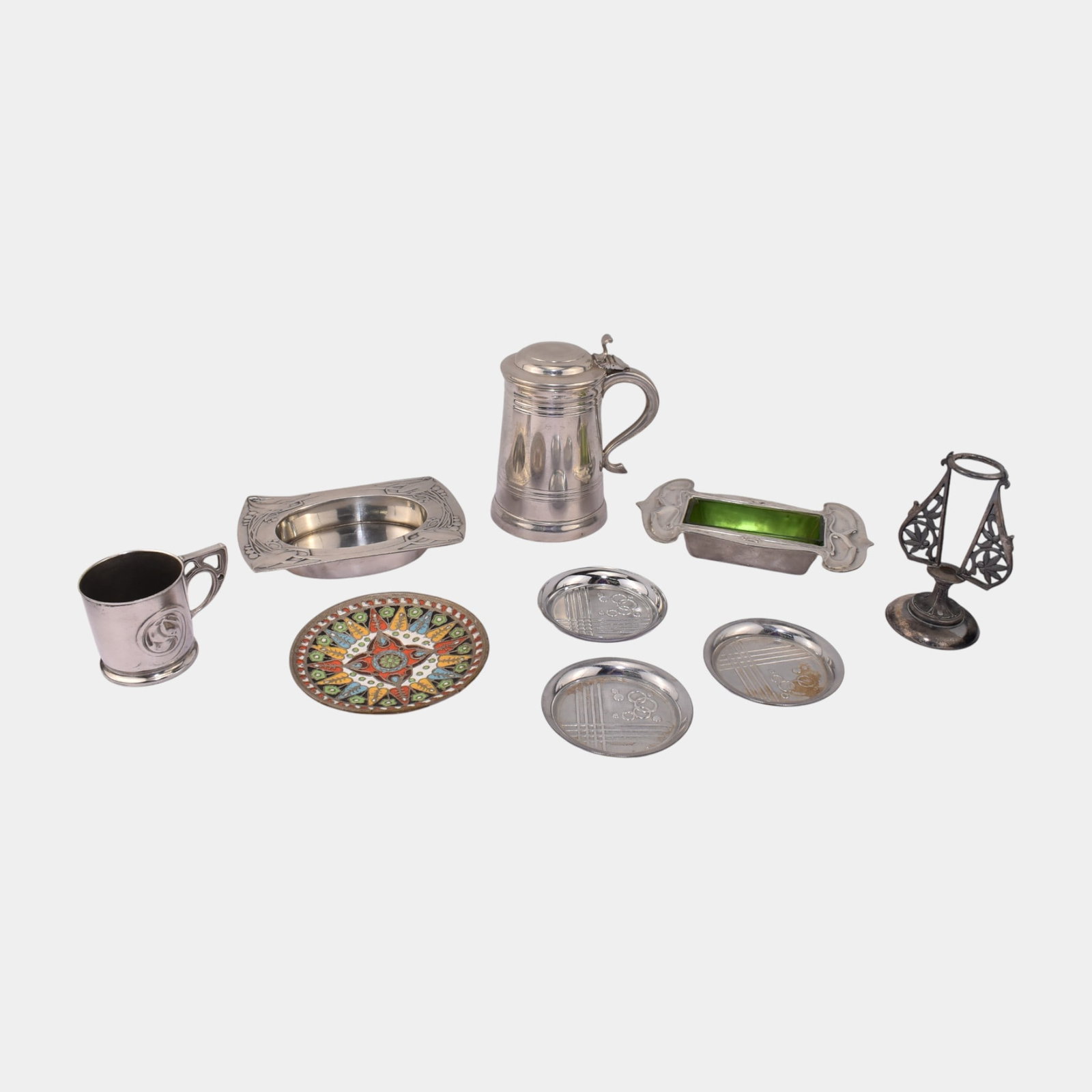 Various Silver-Tone Metal And Pewter Stein, Coasters, Bowls, & Trays (1 of 4)