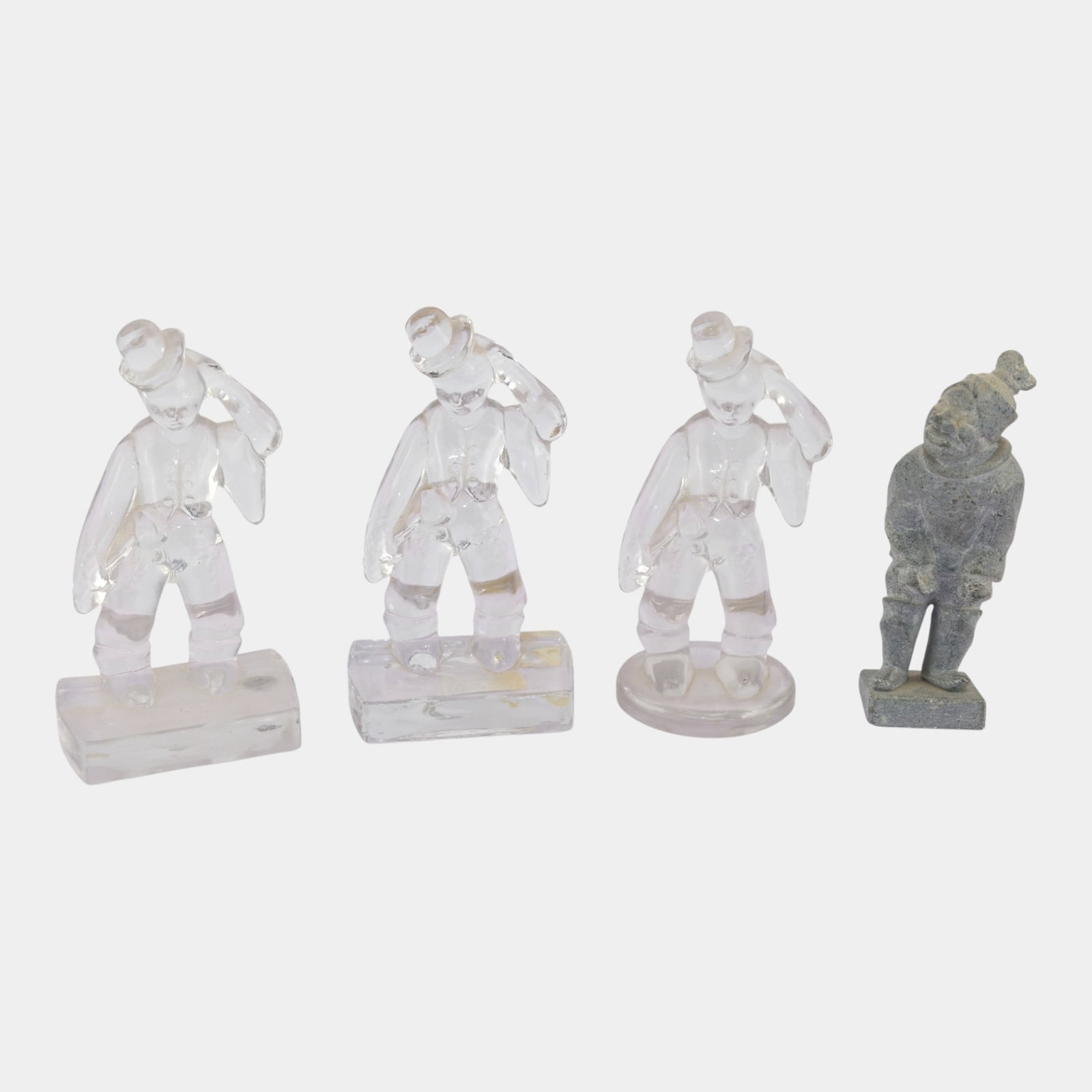 New Martinsville Viking Clear Glass Woodsman & Greenland Carved Stone Figurines (1 of 4)