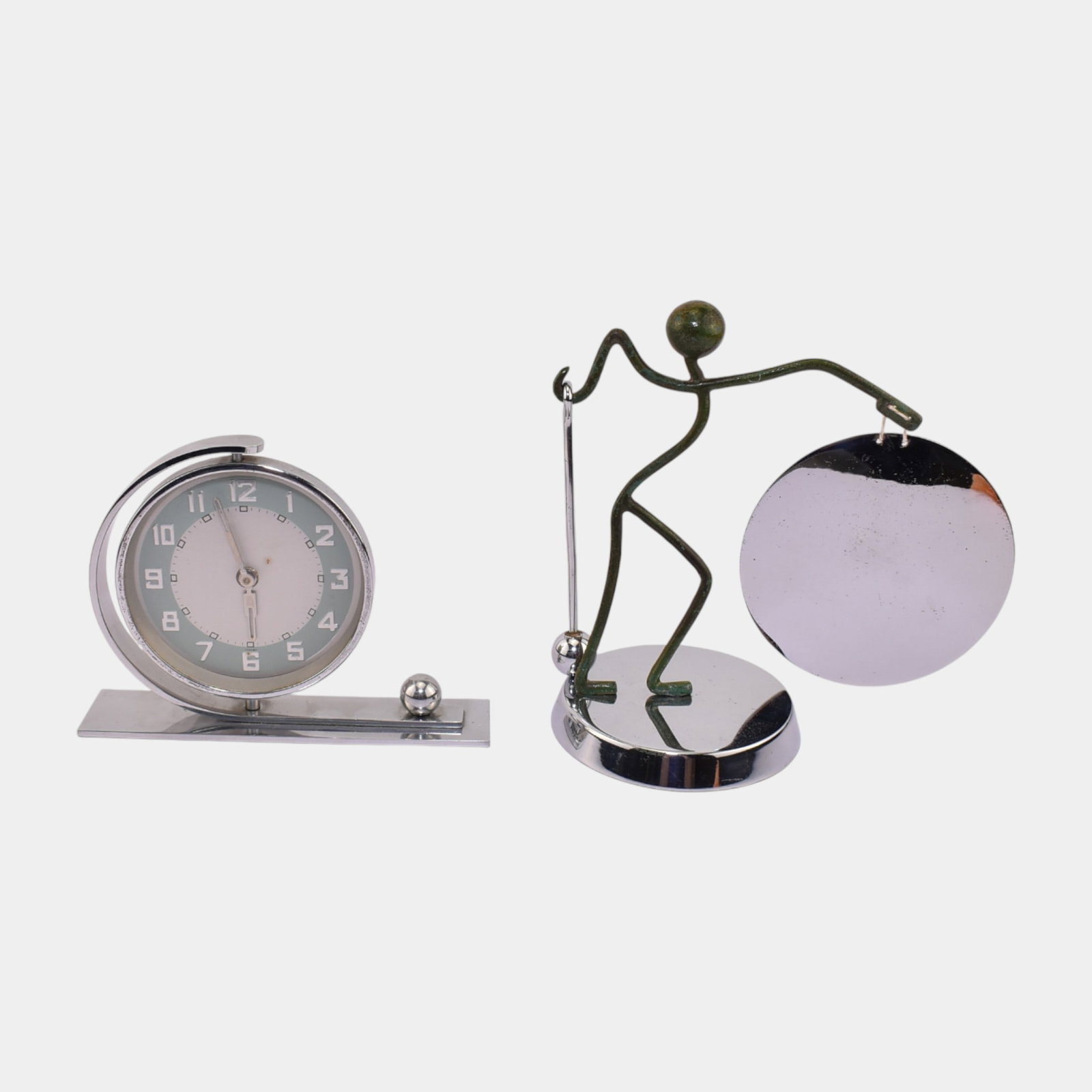 Art Deco Uranium Painted Face Tabletop Spin Clock & Black Figural Gong Sculpture (1 of 5)
