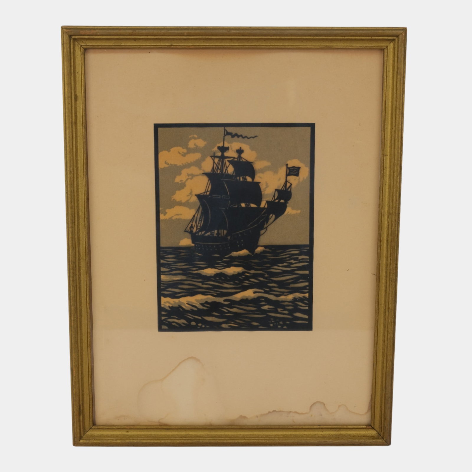 Early 20th Century Wood Block Print Of Galleon Ship Sailing The Seas Framed Print (1 of 4)
