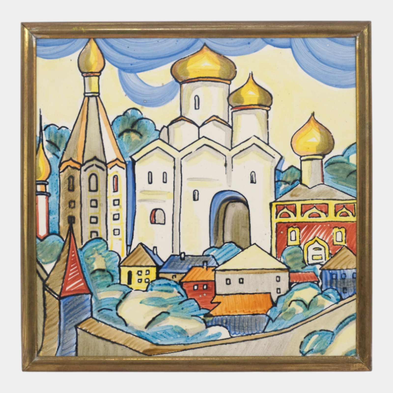 Mid 20th Century Russian Orthodox Cityscape Modernist Colorful Framed Tile: We offer affordable in-house shipping on all items.For higher resolution images please visit bid.craftedauctions.com Mid 20th Century Russian Orthodox Cityscape Modernist Colorful Framed Tile Excellen