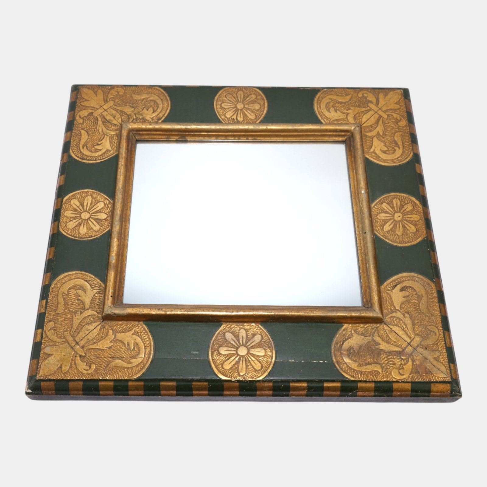 Early 20th Century Decorative Framed Mirror With Gilt Floral Motif Border: We offer affordable in-house shipping on all items.For higher resolution images please visit bid.craftedauctions.com Early 20th Century Decorative Framed Mirror With Gilt Floral Motif Border Shows wel