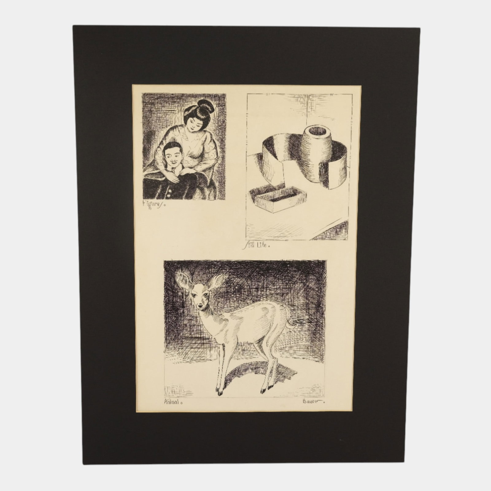 Louise Bauer (American, 1914-2008) Expressive Black White Study Sheet: We offer affordable in-house shipping on all items.For higher resolution images please visit bid.craftedauctions.com Louise Bauer (American, 1914-2008) Expressive Black White Study Sheet Boldly etched