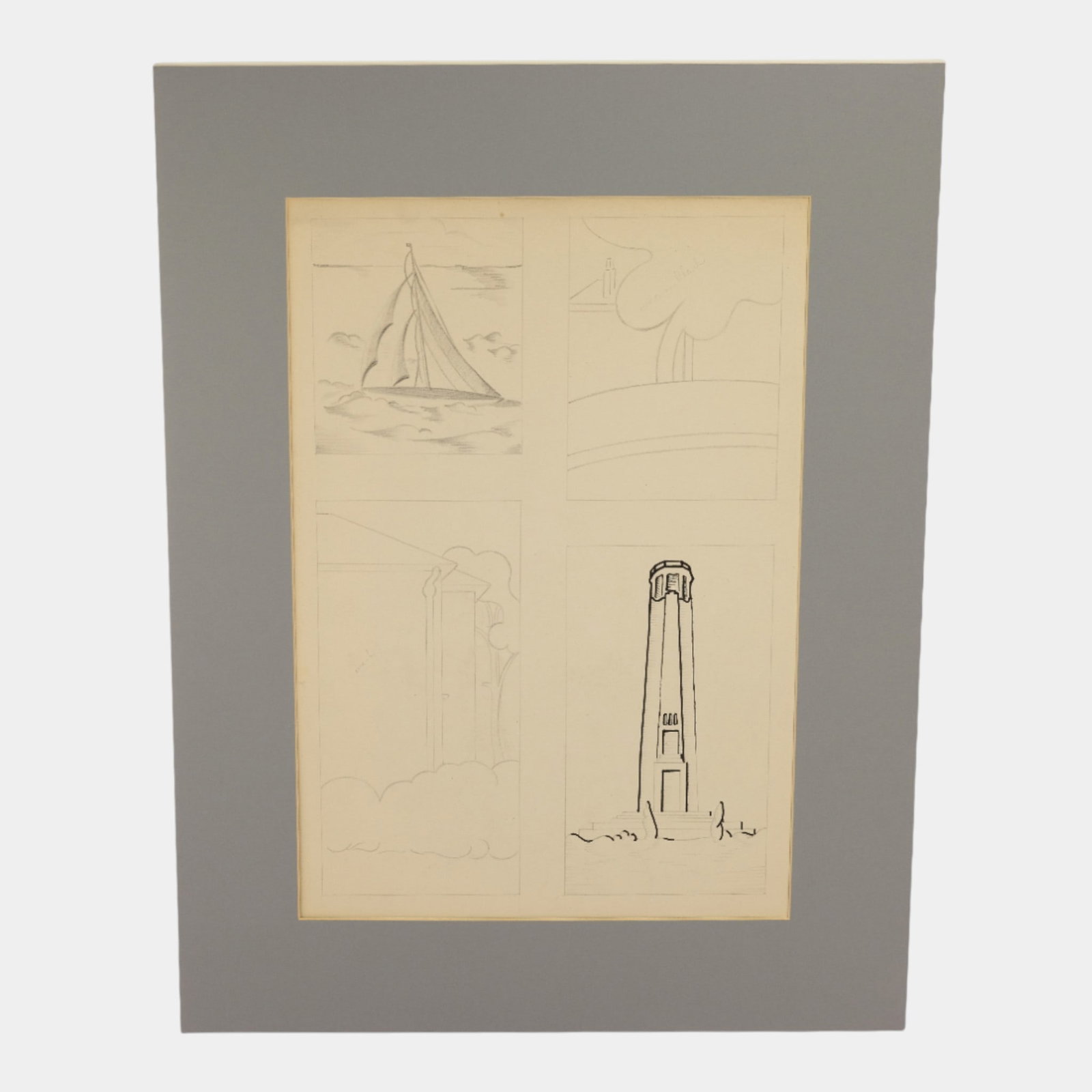 Louise Bauer (American, 1914-2008) Minimalist Architectural Sketches: We offer affordable in-house shipping on all items.For higher resolution images please visit bid.craftedauctions.com Louise Bauer (American, 1914-2008) Minimalist Architectural Sketches Subtly rendere