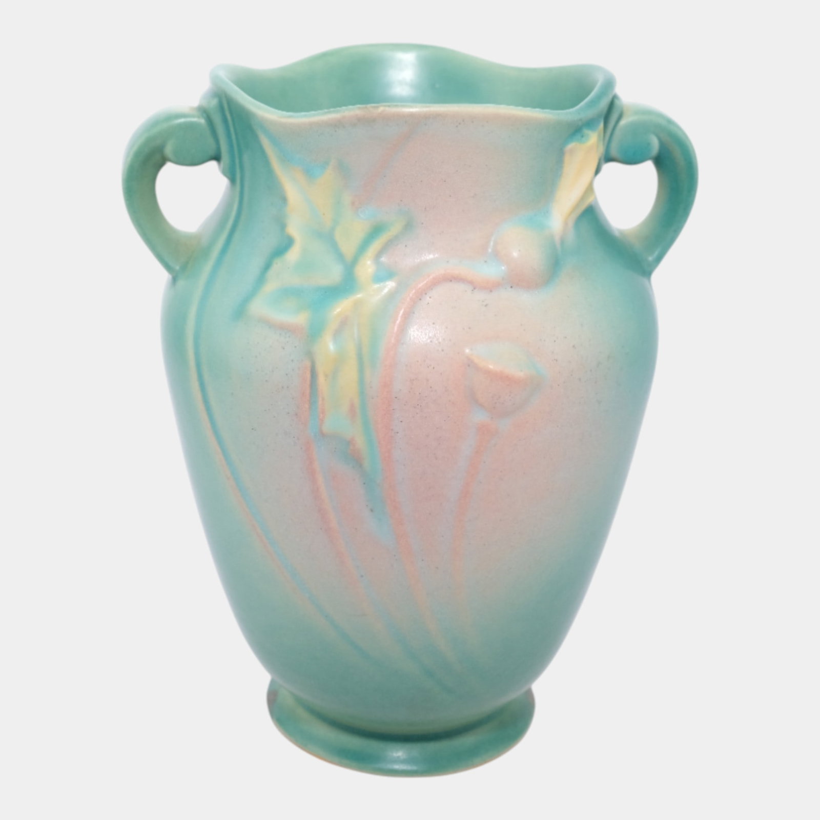 Roseville Poppy Green 1938 Vintage Art Deco Pottery Ceramic Vase 868-7: We offer affordable in-house shipping on all items.For higher resolution images please visit bid.craftedauctions.com Roseville Poppy Green 1938 Vintage Art Deco Pottery Ceramic Vase 868-7 Excellent co