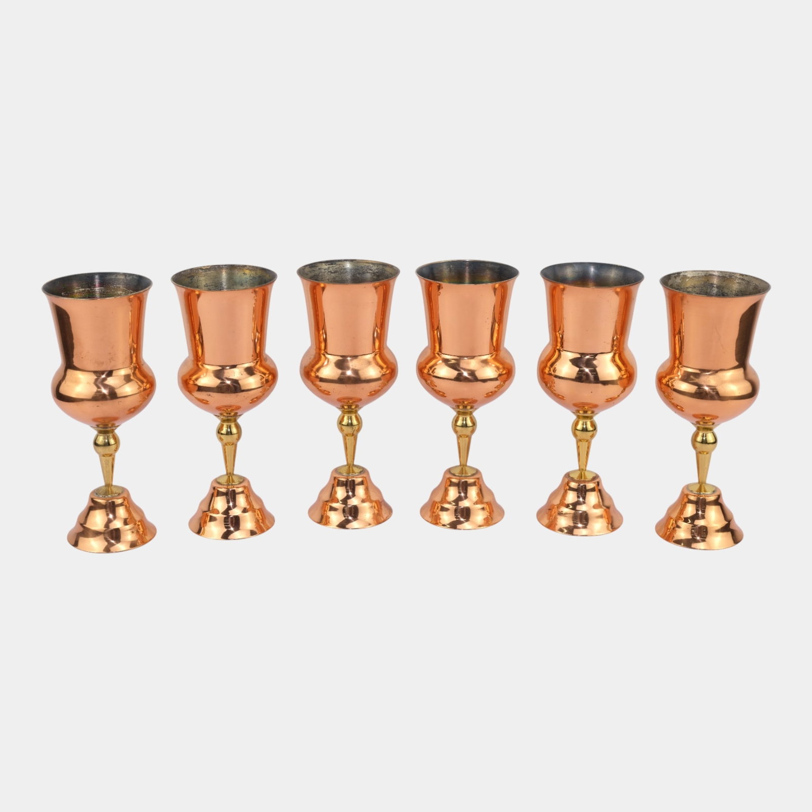 Brass And Copper Set Of Six Stemware Wine Goblet Cordials Glasses (1 of 4)
