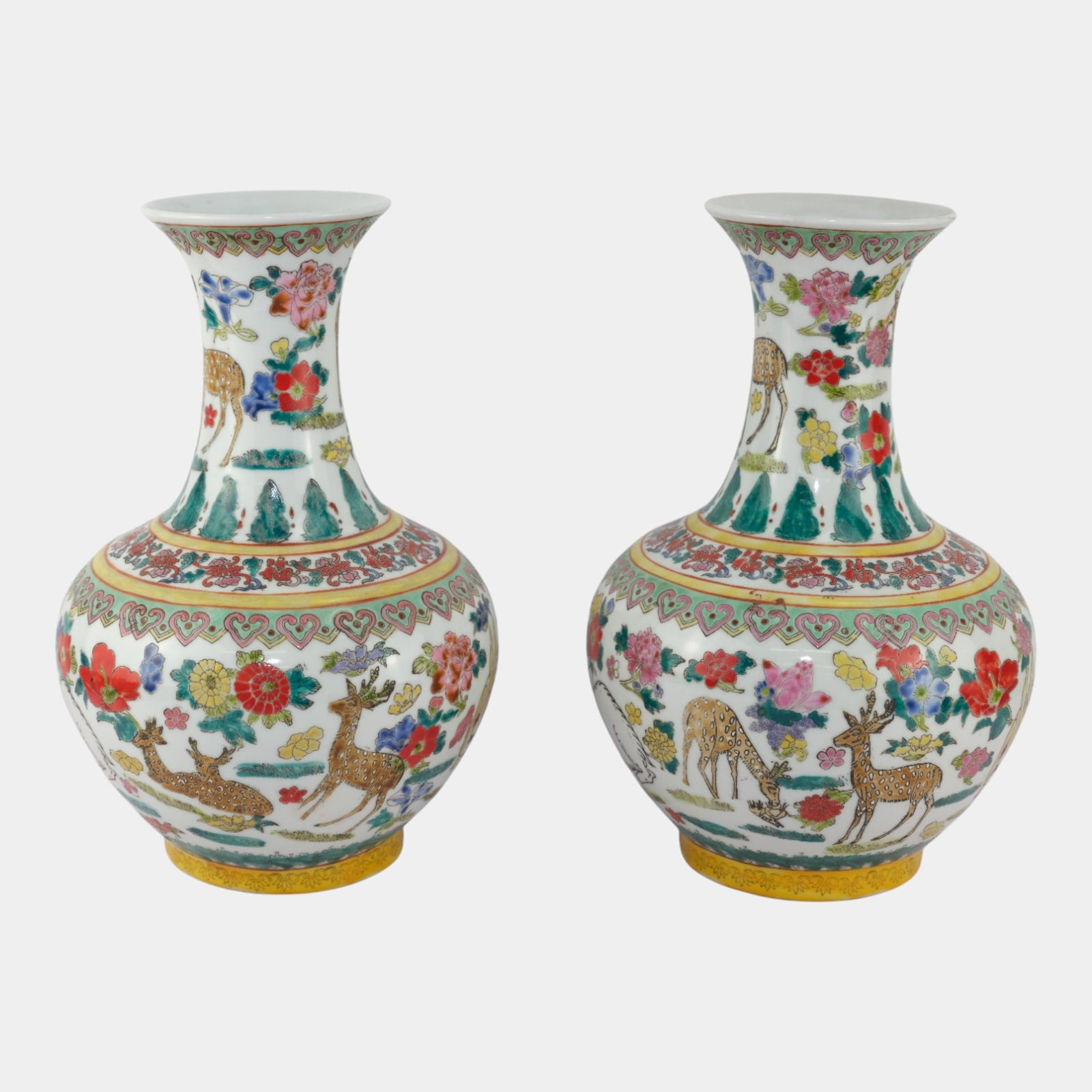 20th Century Chinese Famille Rose With Deer And Floral Motifs Pair Of Vases: We offer affordable in-house shipping on all items.For higher resolution images please visit bid.craftedauctions.com 20th Century Chinese Famille Rose With Deer And Floral Motifs Pair Of Vases Excelle