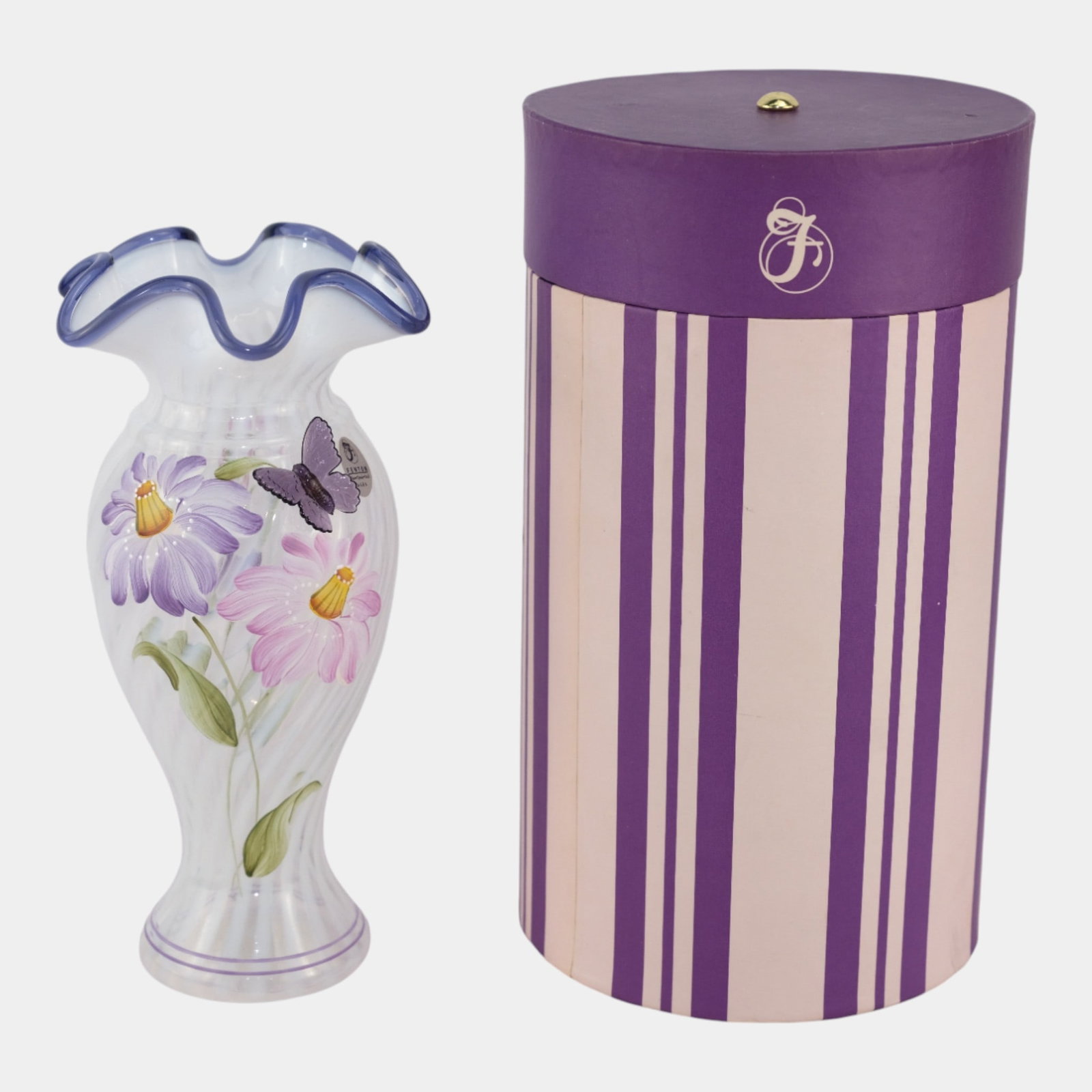 Fenton 2003 Heirloom Optics Collection Vintage Art Floral Butterfly Glass Vase: We offer affordable in-house shipping on all items.For higher resolution images please visit bid.craftedauctions.com Fenton 2003 Heirloom Optics Collection Vintage Art Floral Butterfly Glass Vase Exce