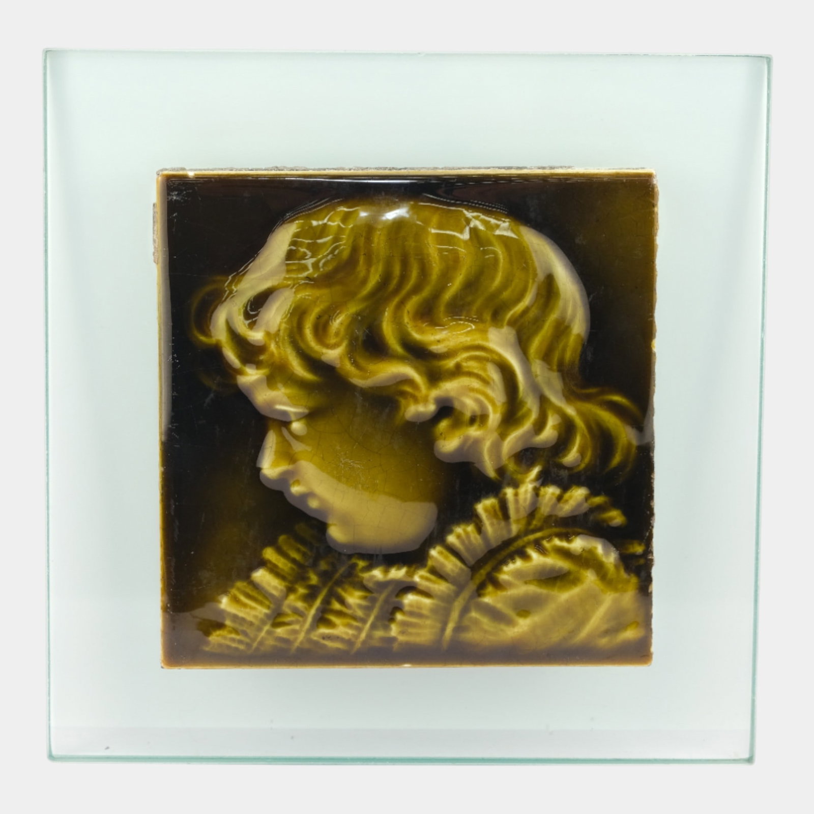 Trent Tile Company Glass Mounted Green Art Pottery Ceramic Child Portrait Tile (1 of 5)