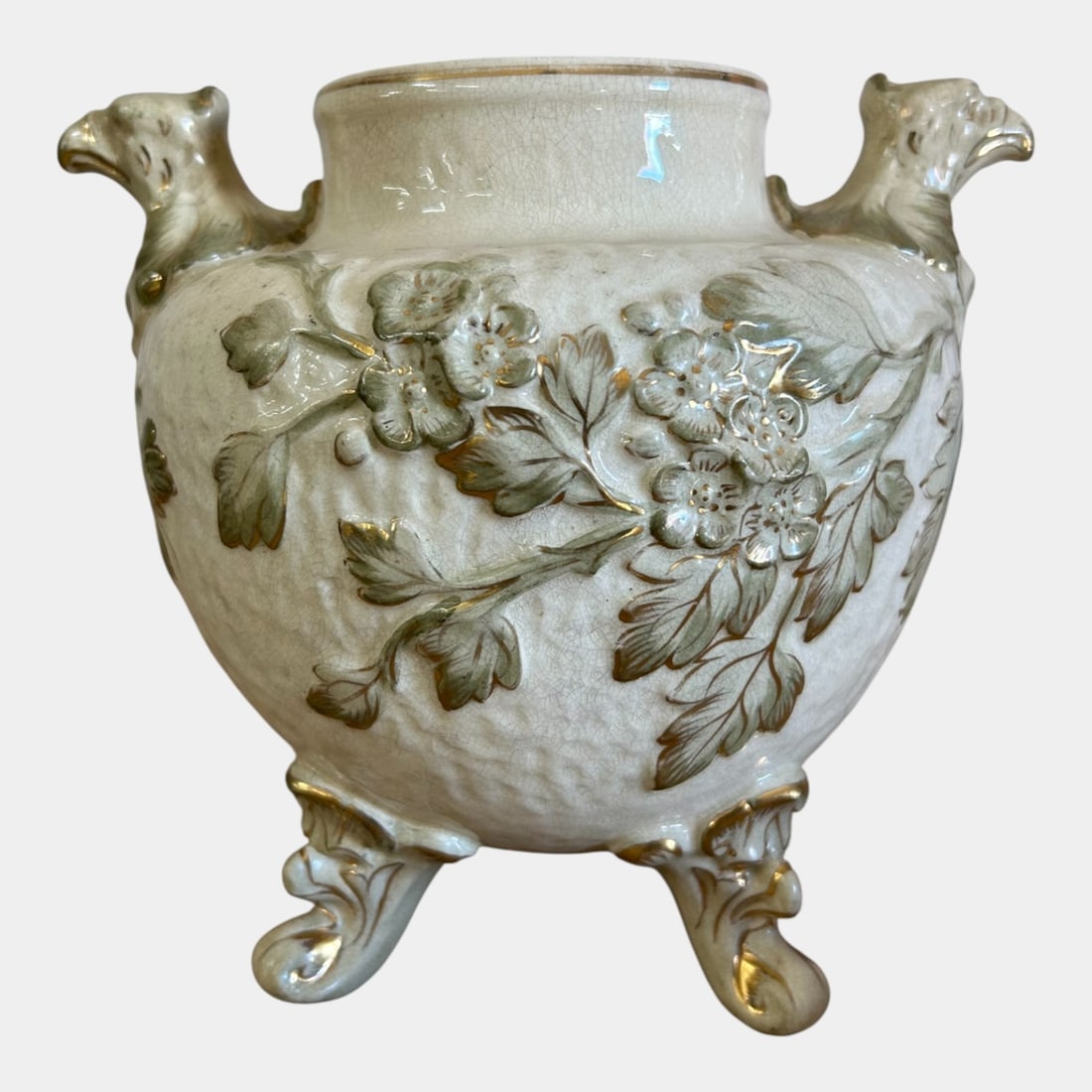 Avalon Faience Balt French Art Pottery White Gold Accent Eagle Handled Footed Vase: We offer affordable in-house shipping on all items.For higher resolution images please visit bid.craftedauctions.com Avalon Faience Balt French Art Pottery White Gold Accent Eagle Handled Footed Vase 