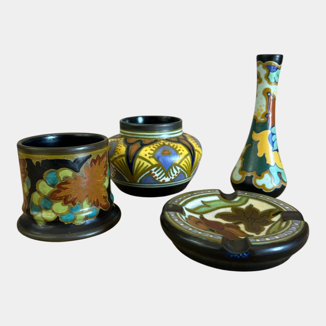 Gouda Holland Hilda, Regina, & Placid Black Green Art Nouveau Vases And Ashtray (1 of 8)