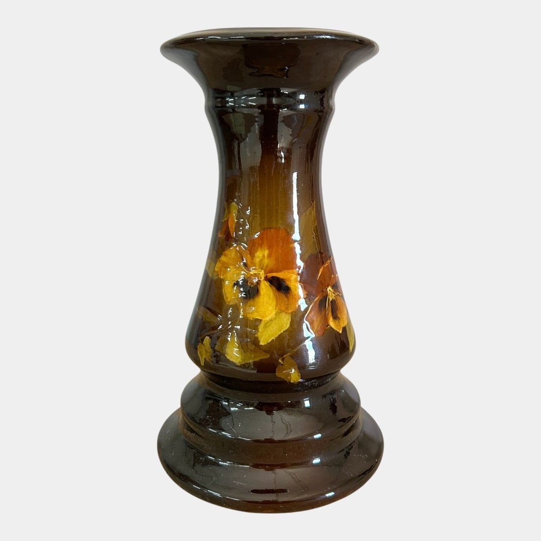 Weller Louwelsa 1900s Art Pottery Hand Painted Pansies Standard Glaze Pedestal: We offer affordable in-house shipping on all items.For higher resolution images please visit bid.craftedauctions.com Weller Louwelsa 1900s Art Pottery Hand Painted Pansies Standard Glaze Pedestal Set 