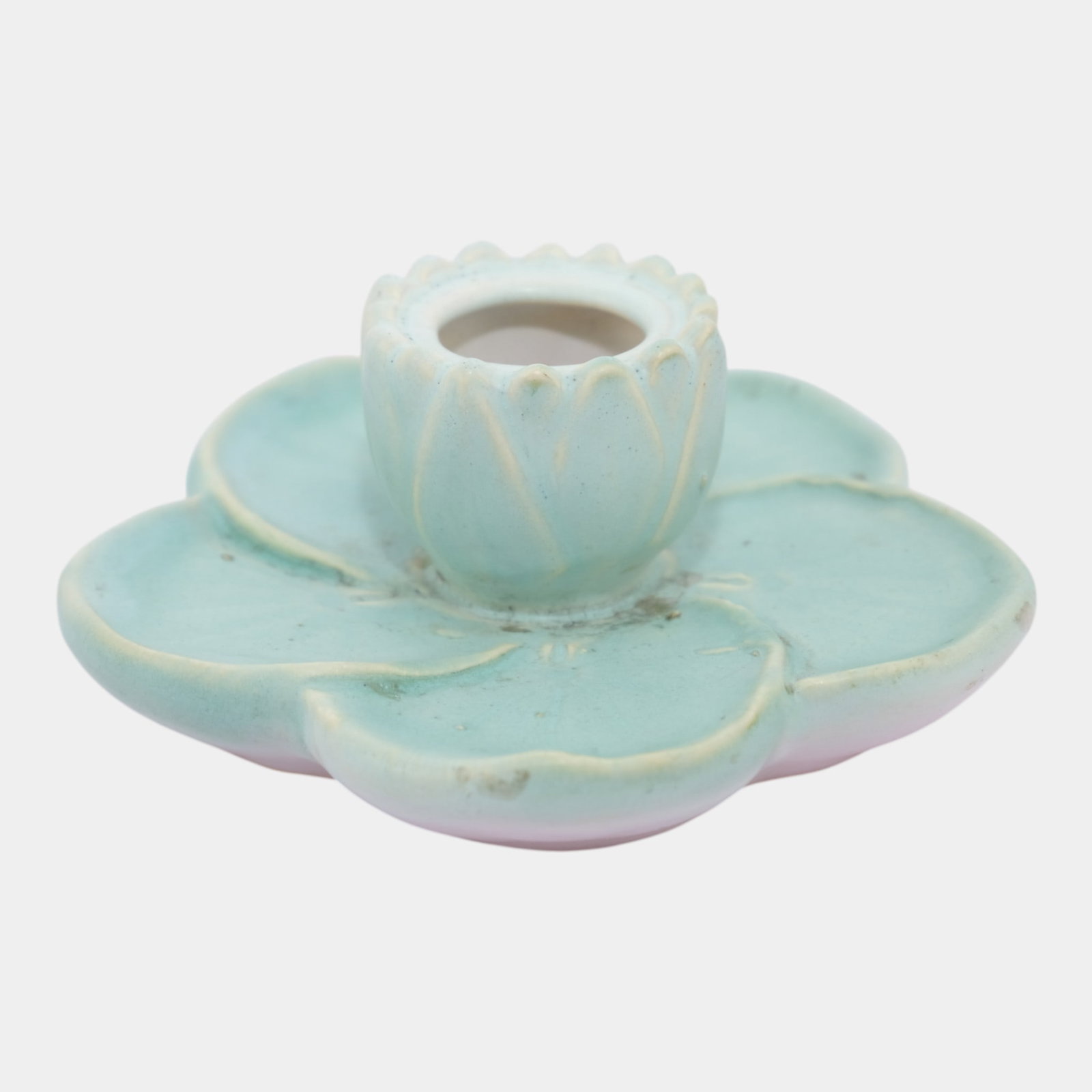 Weller Pumila 1920s Art Pottery Matte Green Pink Ceramic Lilypad Candleholder: We offer affordable in-house shipping on all items.For higher resolution images please visit bid.craftedauctions.com Weller Pumila 1920s Art Pottery Matte Green Pink Ceramic Lilypad Candleholder Hard 