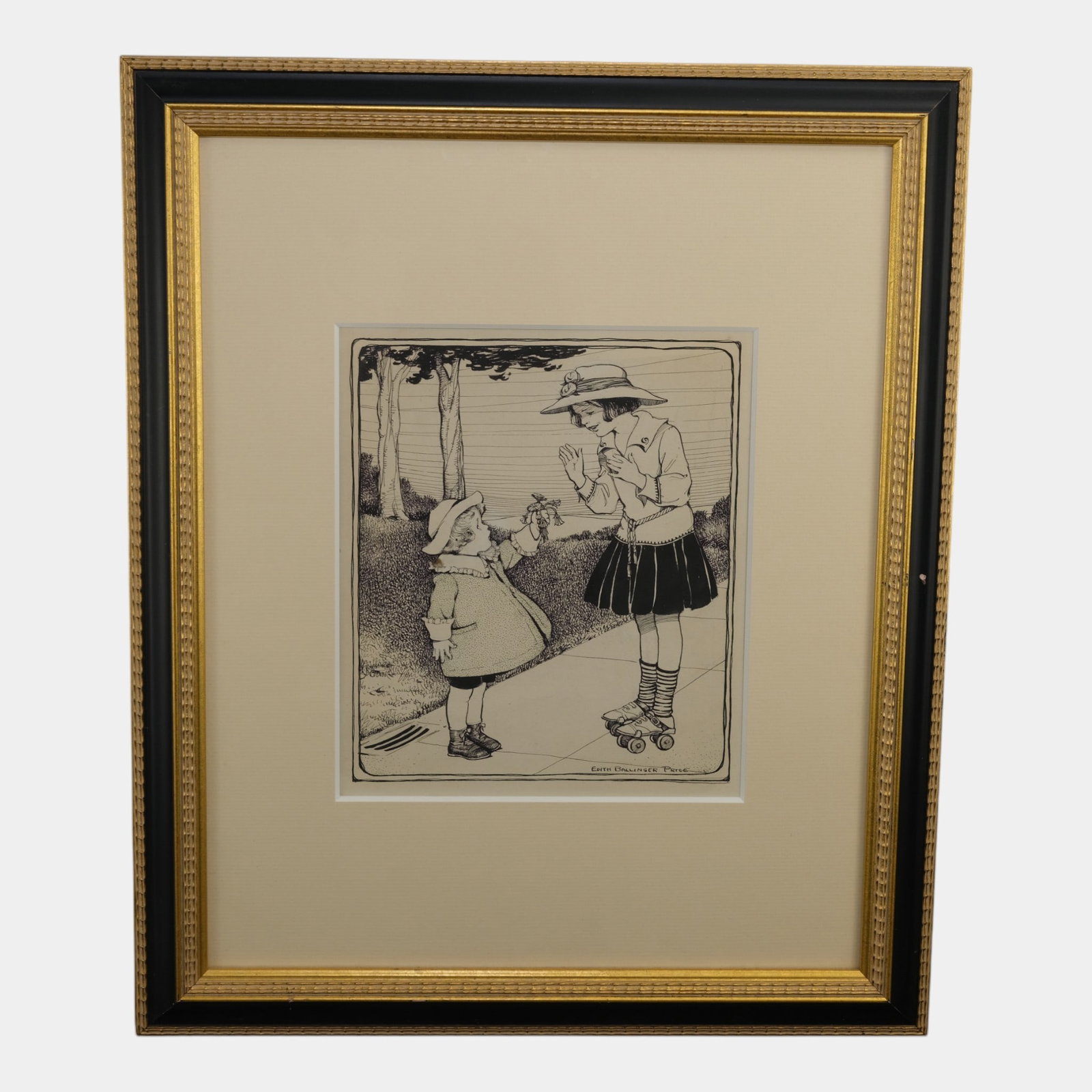 Edith Ballinger Price (American, 1897-1997) Child Giving Flowers Framed Ink Drawing: We offer affordable in-house shipping on all items.For higher resolution images please visit bid.craftedauctions.com Edith Ballinger Price (American, 1897-1997) Child Giving Flowers Framed Ink Drawing