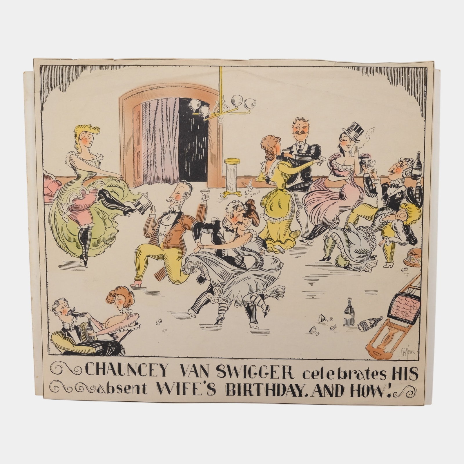 Clarence Paul Meier (1897-1976) Chauncey Van Swigger Birthday Party Lithograph Print: We offer affordable in-house shipping on all items.For higher resolution images please visit bid.craftedauctions.com Clarence Paul Meier (1897-1976) Chauncey Van Swigger Birthday Party Lithograph Prin