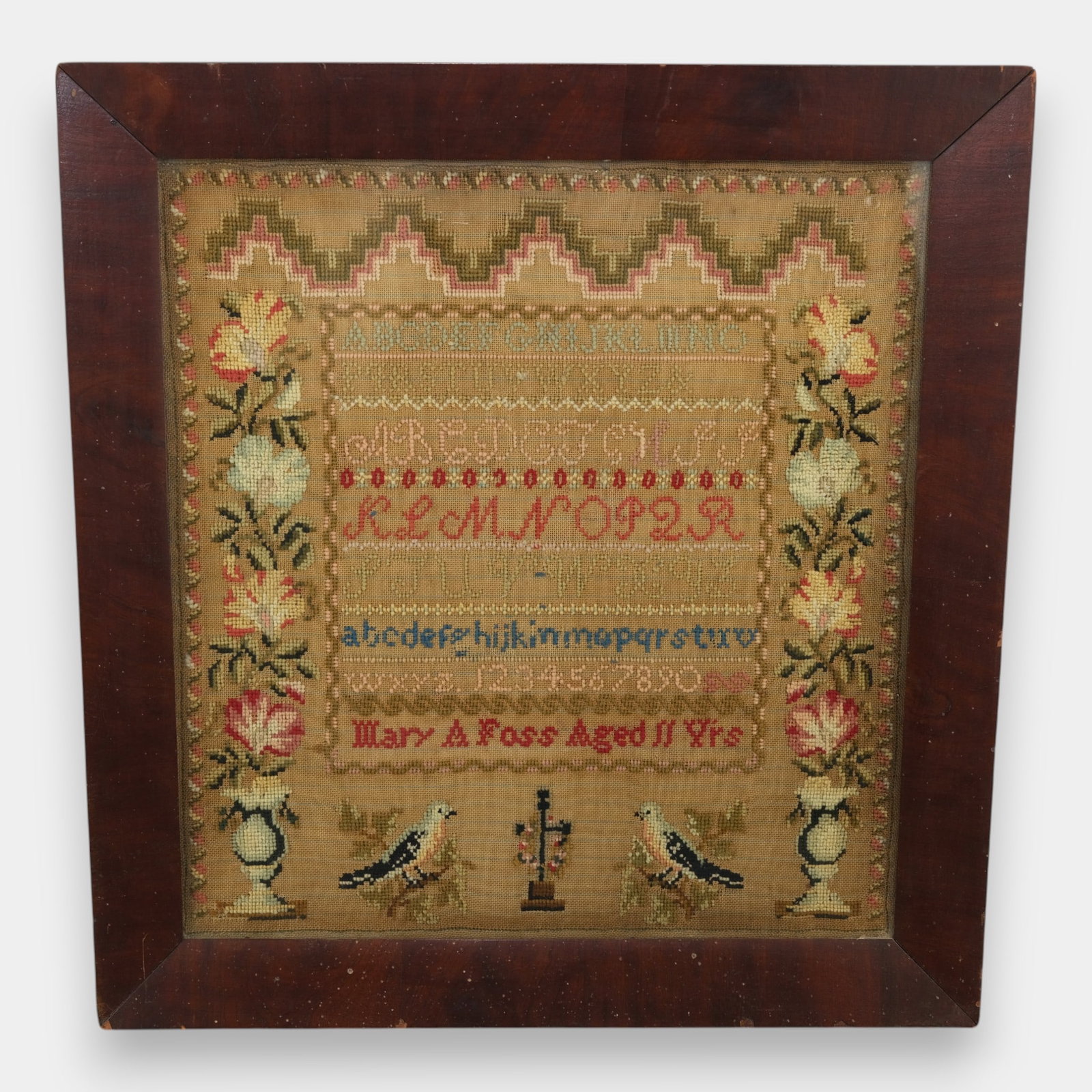 Mary A Foss Aged 11 Yrs Needlepoint Sampler Letters Numbers Floral Border Framed (1 of 6)