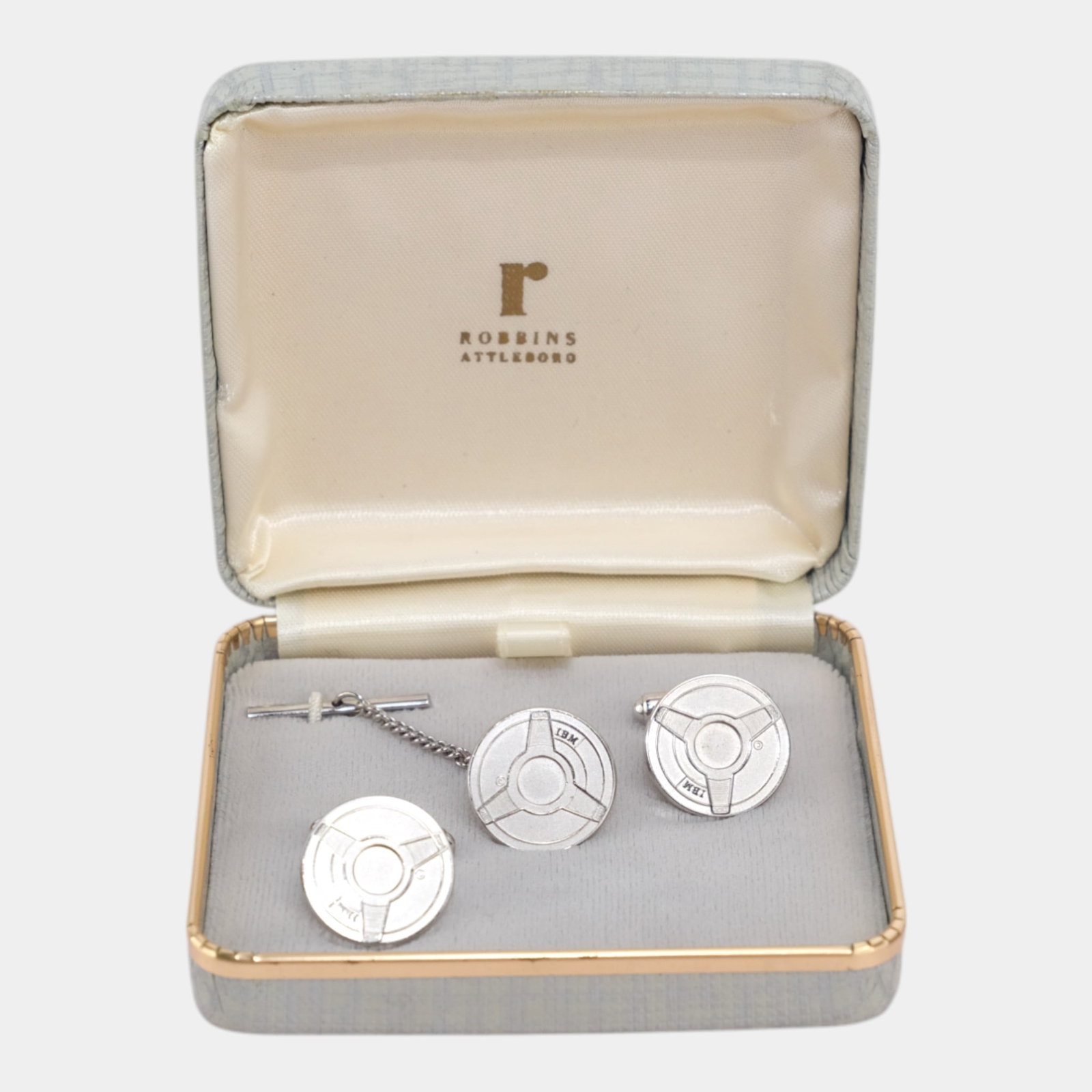 Robbins Attleboro Sterling Silver IBM Co. Cuff Links & Tie Pin In Original Case (1 of 7)