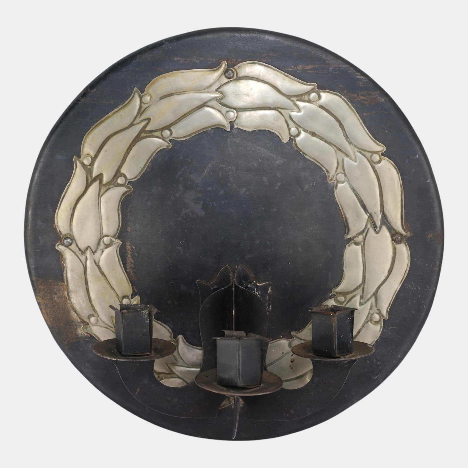 Vintage Arts & Crafts Gothic Handwrought Iron And Tin Floral Three Candle Wall Sconce (1 of 6)