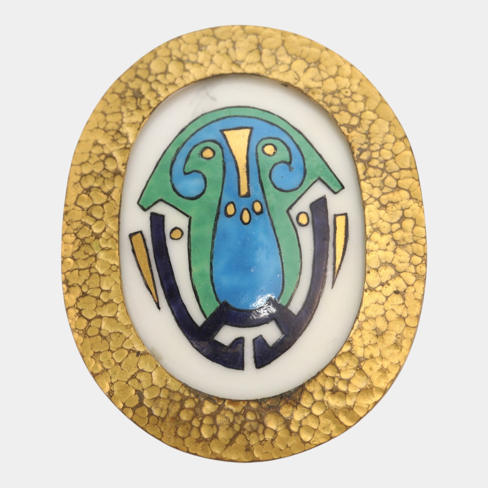 Earl Wagnet Ceramic Studios 1906 Egyptian Style Ceramic & Hammered Gold-Tone Frame Pin: We offer affordable in-house shipping on all items.For higher resolution images please visit bid.craftedauctions.com Excellent condition. Age related wear. Pin is 3 1/4" tall and 2 1/2" wide.