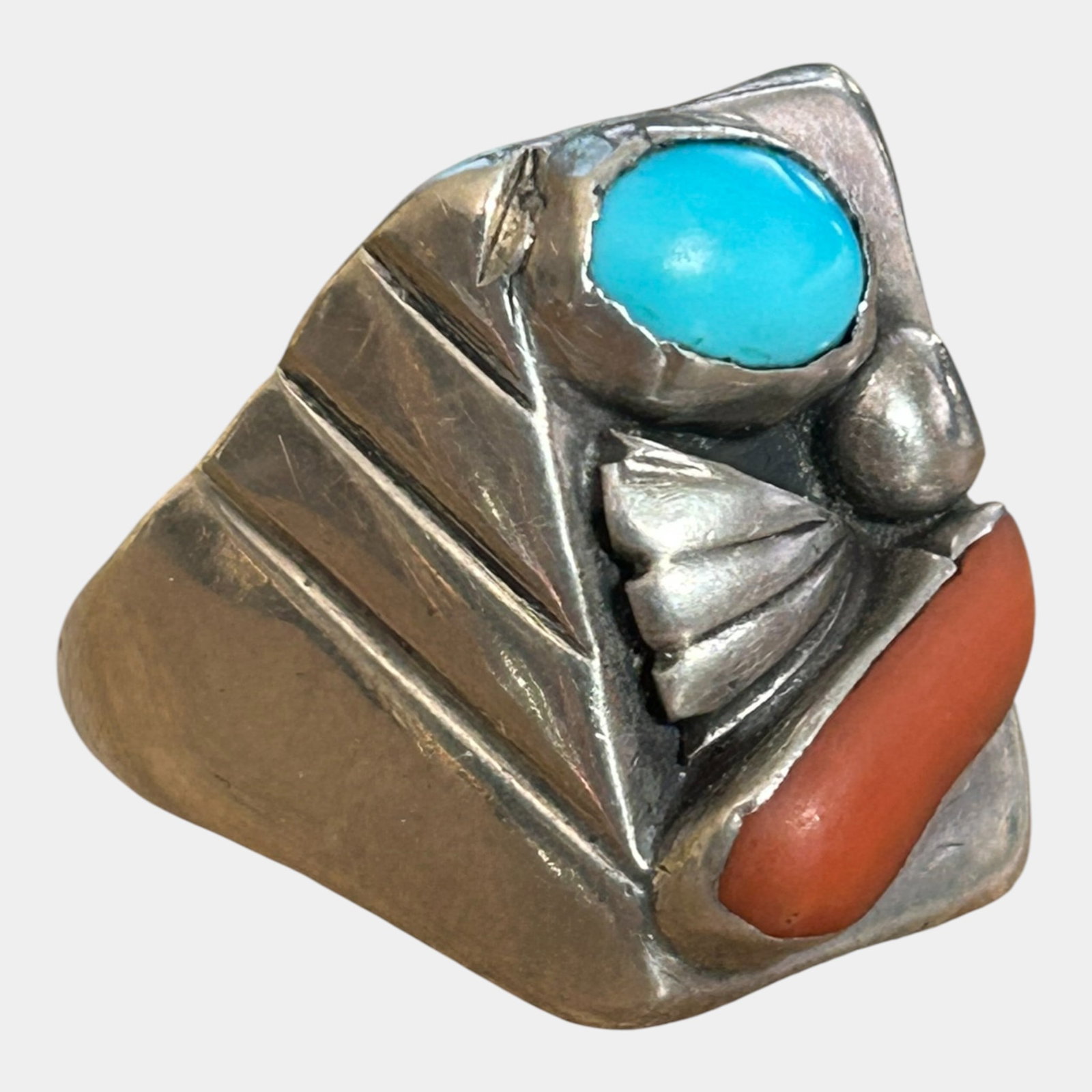 Native American Southwestern Style Sterling Silver Turquoise & Coral Mens Ring Size 11.5 (1 of 4)