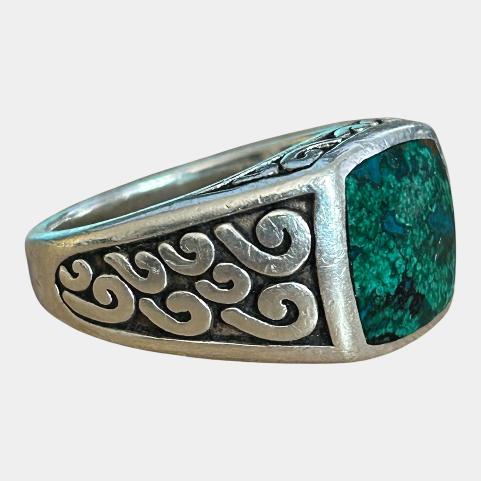 Sterling Silver 925 Mens Ring With Scrolled Shoulder & Green Malachite Cabochon Size 11 (1 of 4)