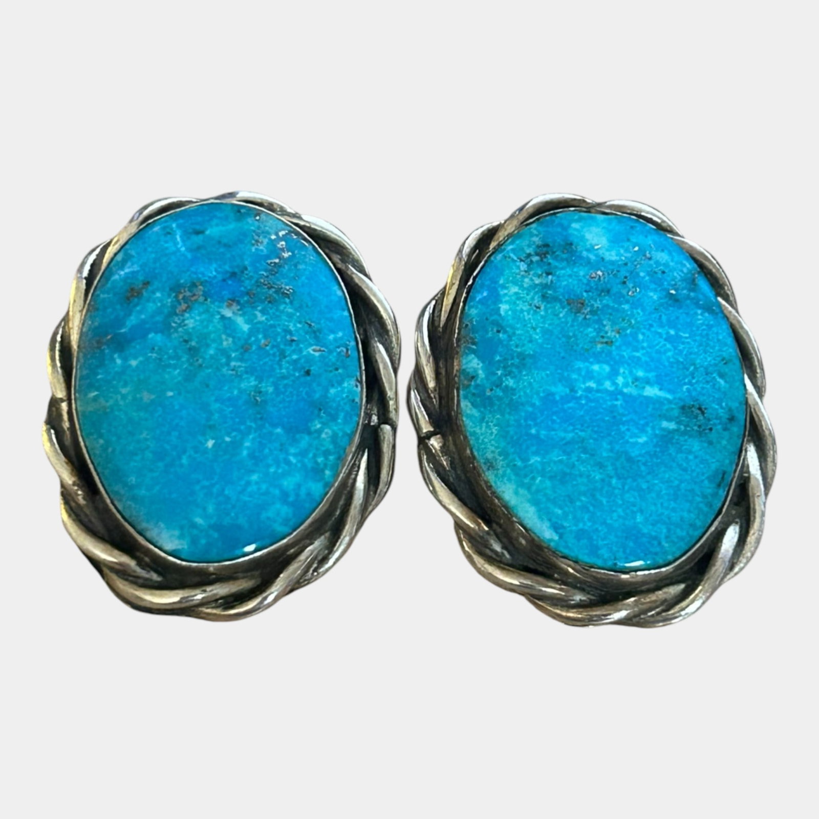 G. Jim Native American Silversmith Sterling Silver 925 & Turquoise Cabochons Clip Earrings (1 of 3)