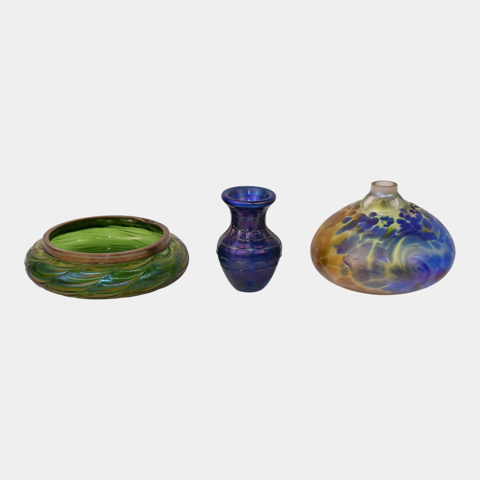 Bohemian Green Iridescent Glass Low Bowl & Blue Yellow Studio Glass Vases (1 of 3)
