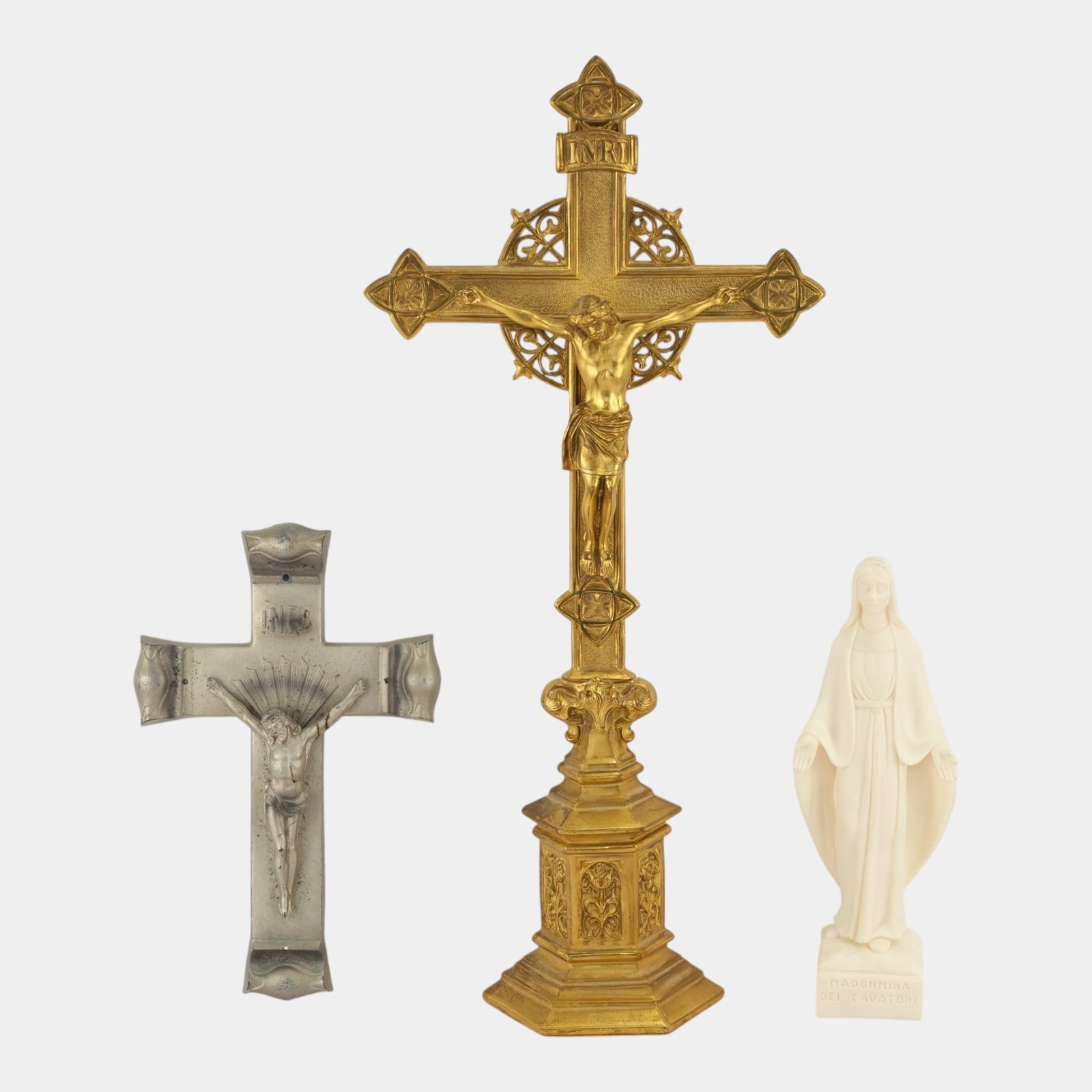 L.V. Aronson Brass Crucifix On Footed Pedestal With Other Crucifix & Mary Figurine (1 of 6)