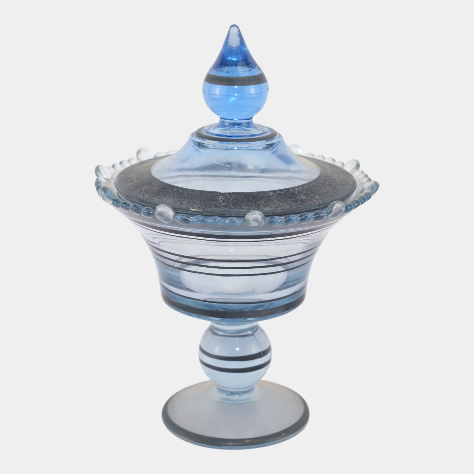 Paden City Glass Vermillion Blue Finial Lidded Footed Candy Dish (1 of 3)