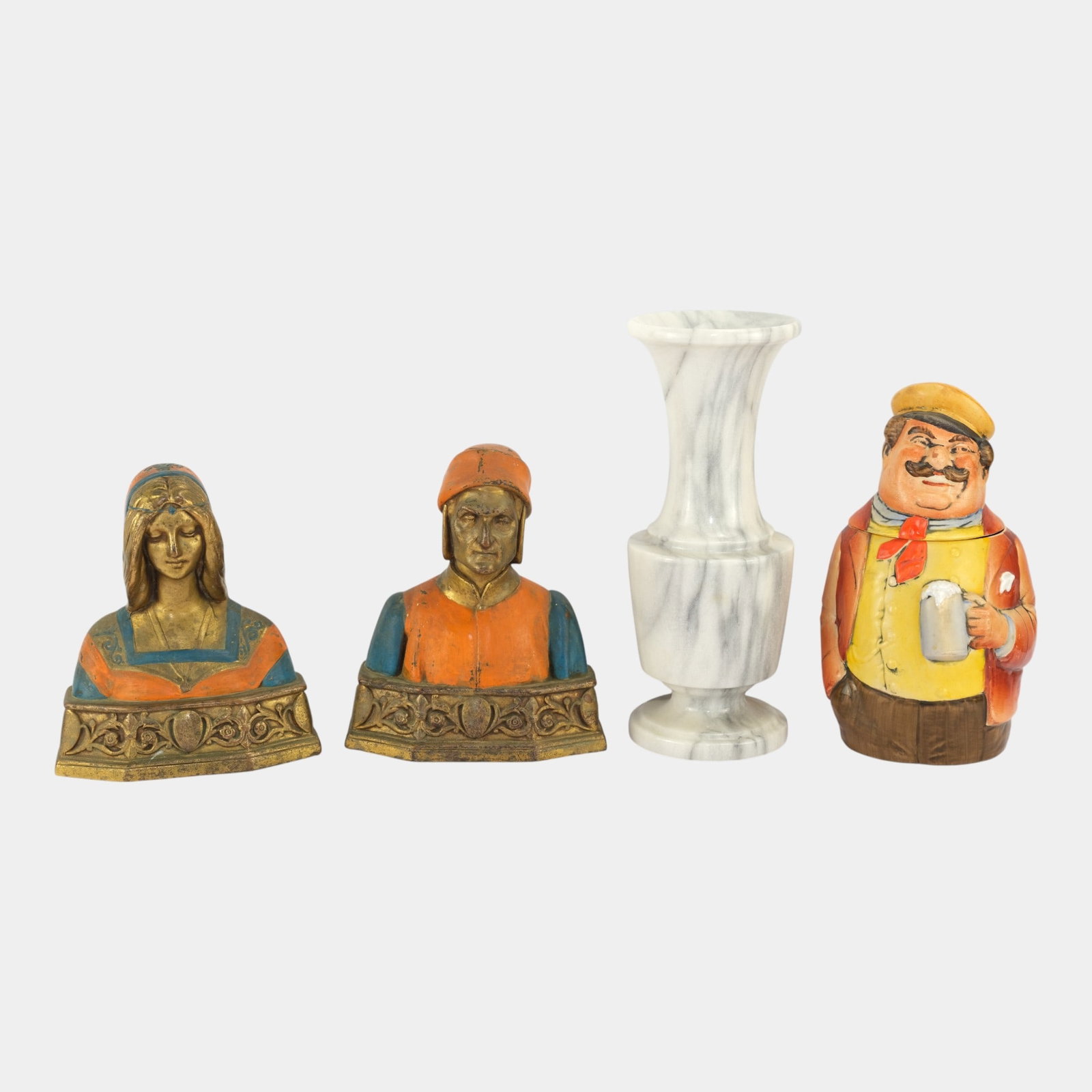Pompeian Bronze Co. Dante & Beatrice Bookends, Eckhardt Engler Stein, & Marble Vase (1 of 5)