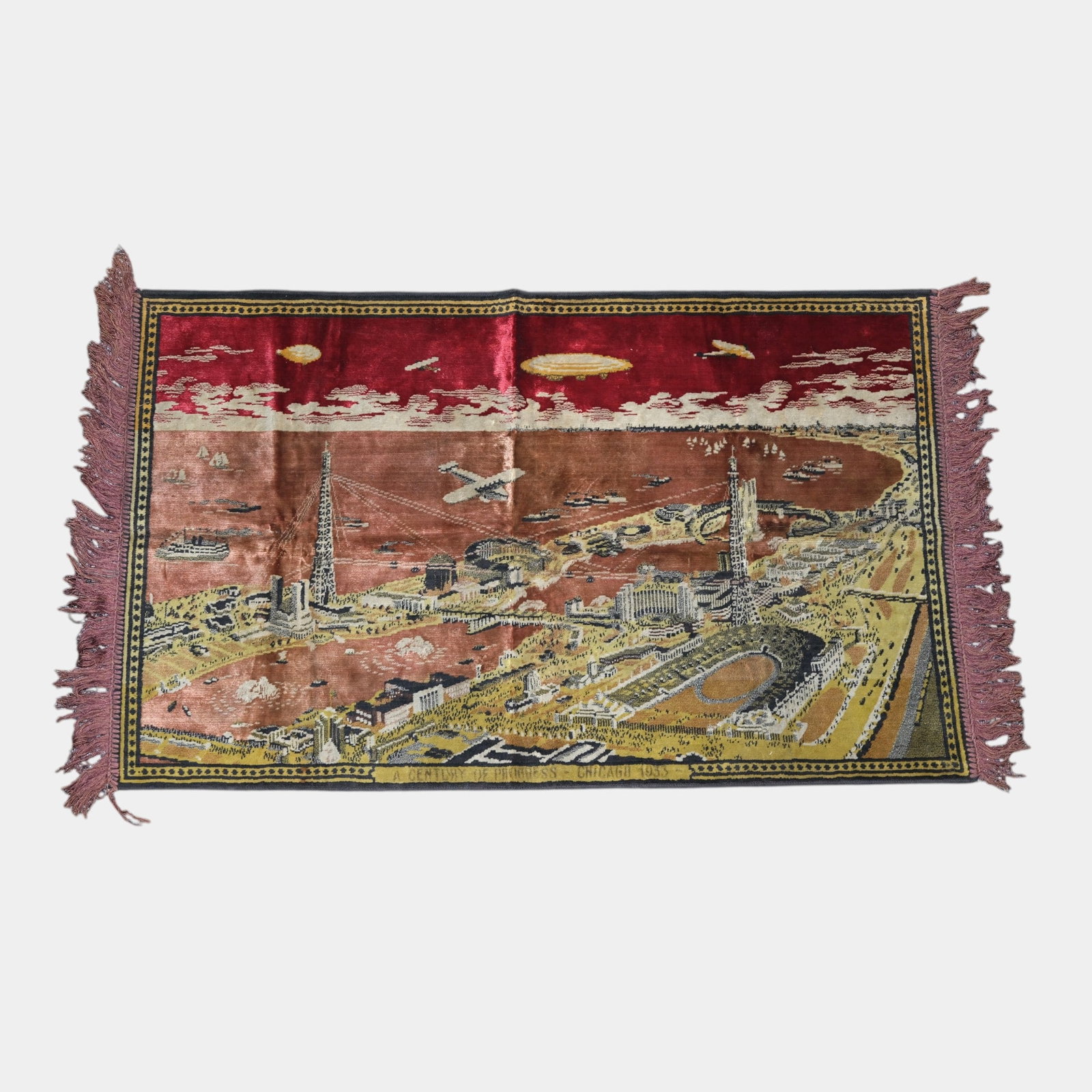 Worlds Fair Chicago 1933 A Century Of Progress Red Overhead Pictorial Souvenir Rug (1 of 2)