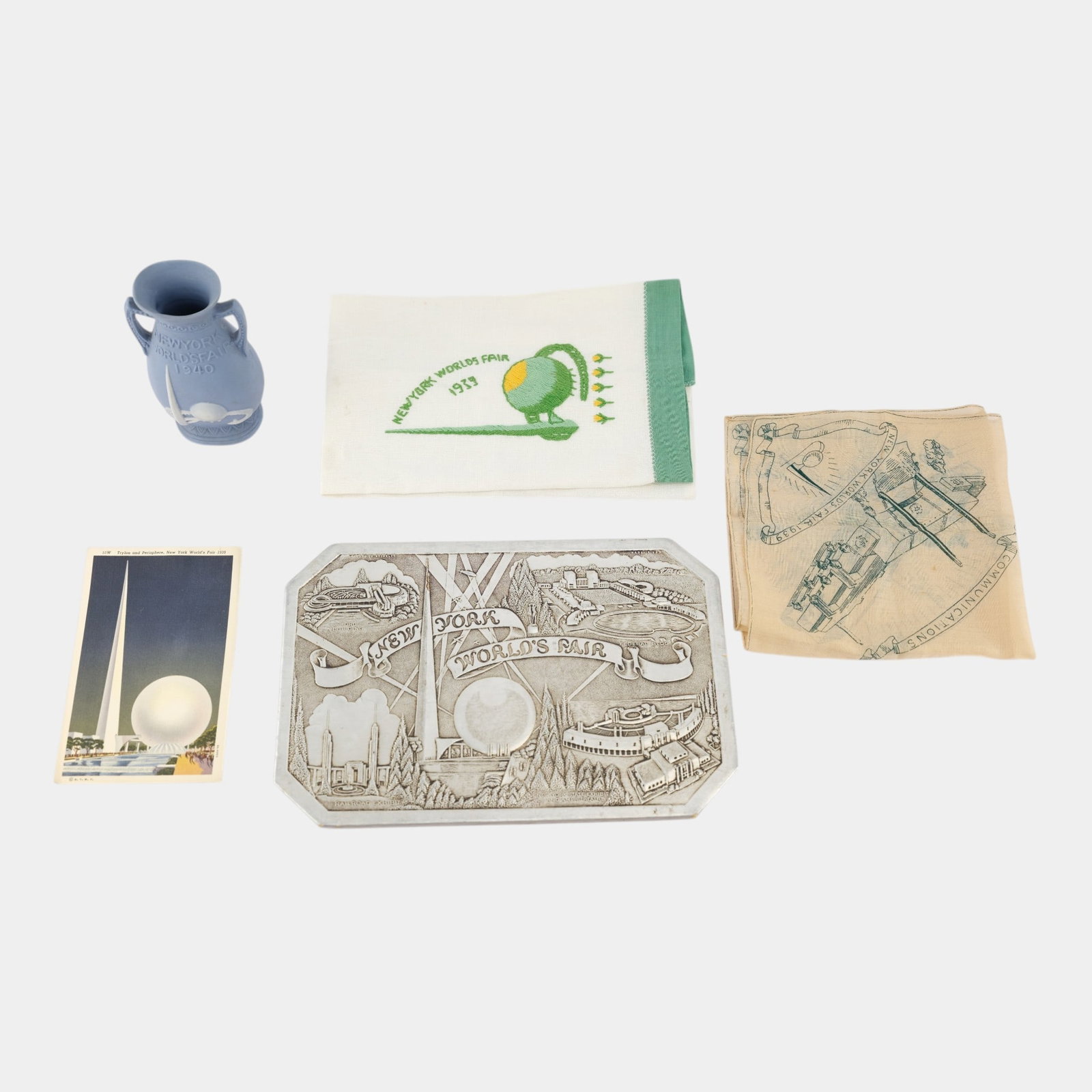 New York Worlds Fair 1939 Souvenir Ceramic Vase, Postcard, Trivet, Towel, & Handkerchief (1 of 4)