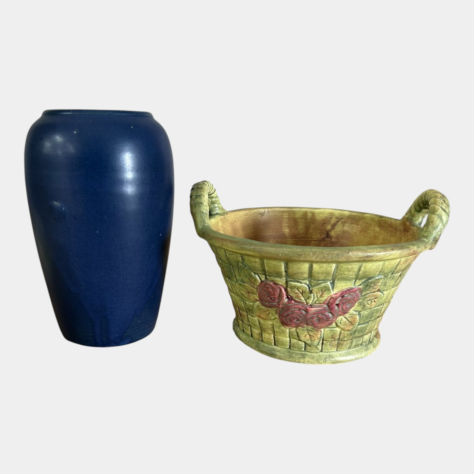 Weller 1920s Flemish Rose Handled Basket & McCoy Solid Blue Tapered Body Vase (1 of 5)