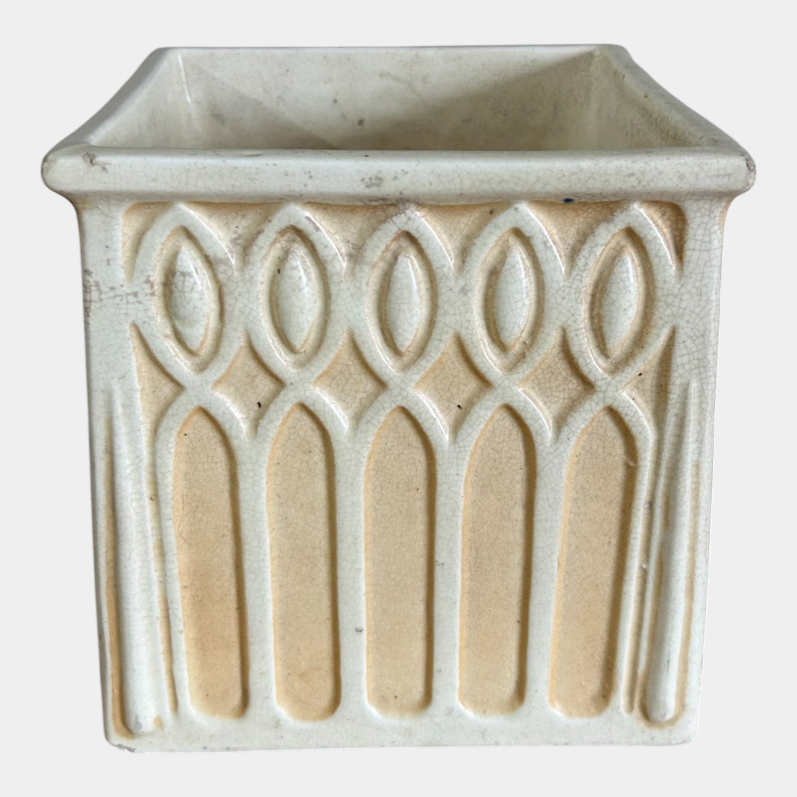 Weller Art Pottery Clinton Ivory Tall Rectangular Gothic Design Planter (1 of 6)