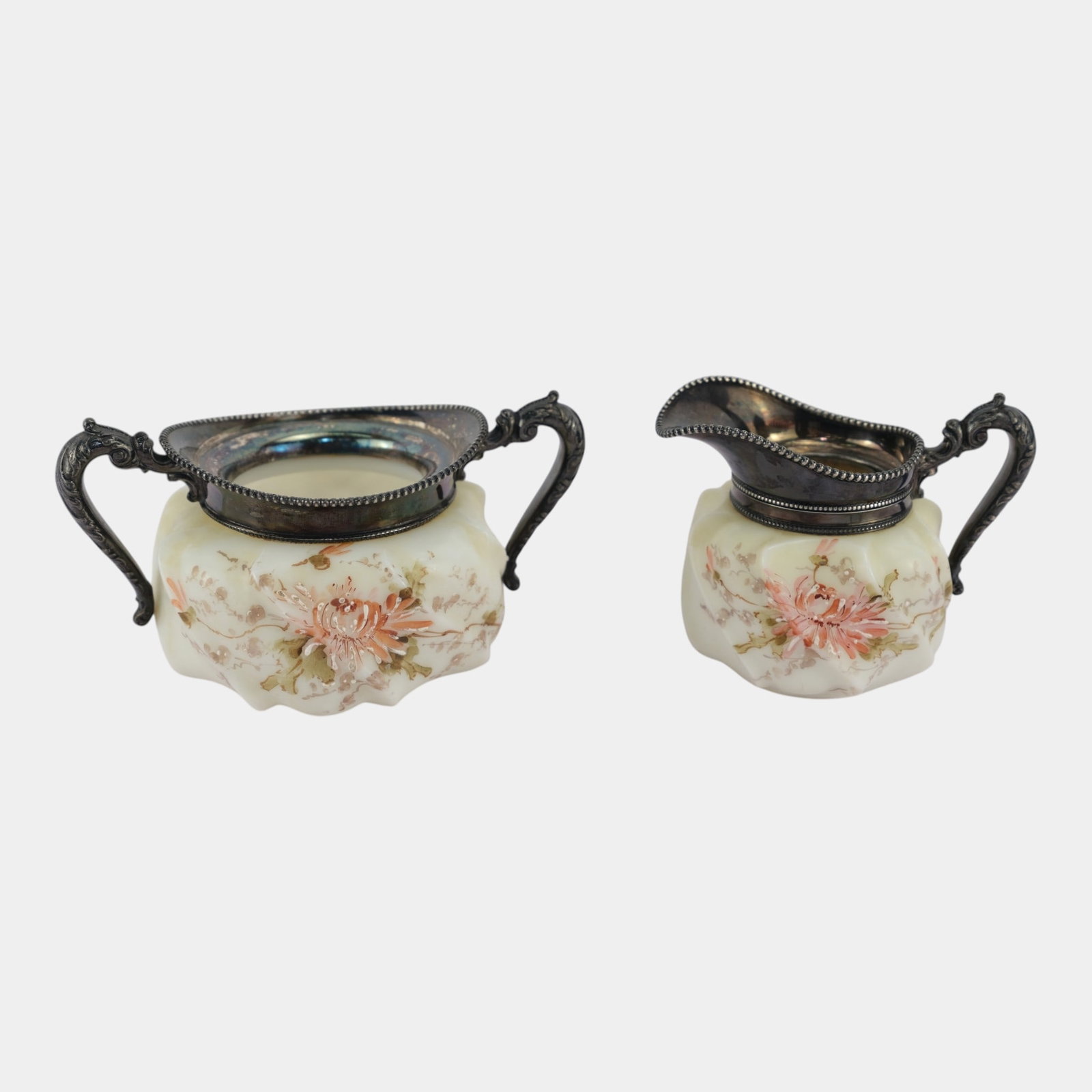 Mt Washington Wave Crest Late 19th Century Hand Painted Floral Opal Sugar Bowl & Creamer (1 of 6)
