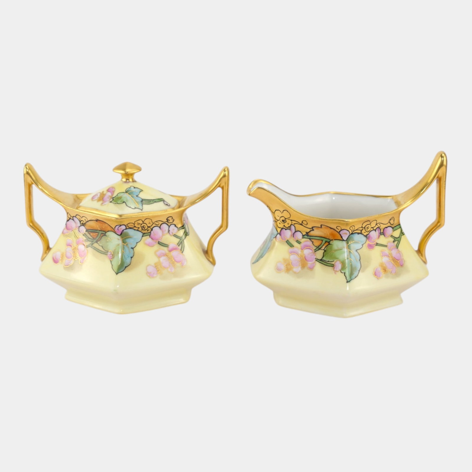 Pithim & Brooks French Hand Painted T&V Limoges Floral Gold Gilt Creamer And Sugar: We offer affordable in-house shipping on all items.For higher resolution images please visit bid.craftedauctions.com Pithim & Brooks French Hand Painted T&V Limoges Floral Gold Gilt Creamer And Sugar 