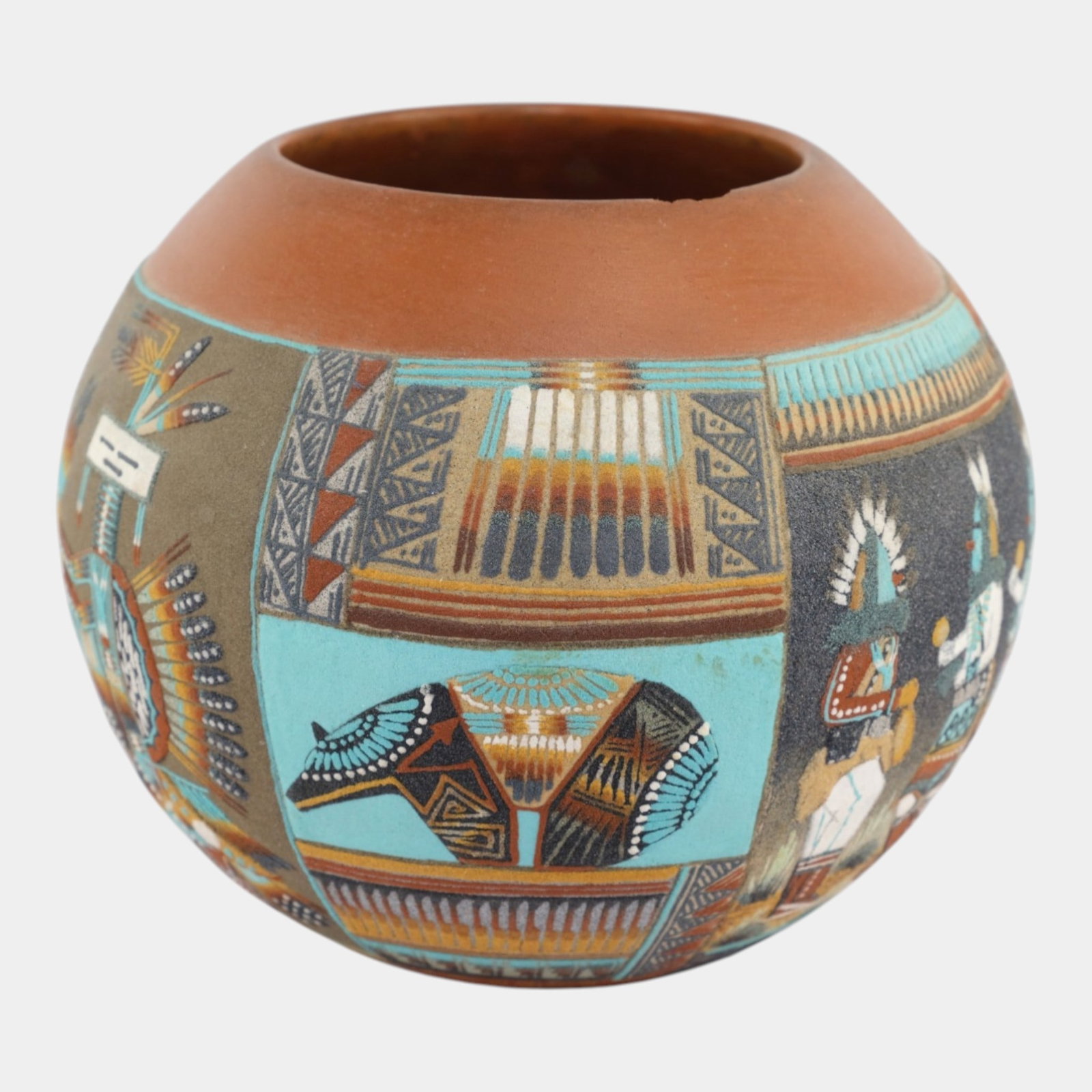 Junior Whiterock Native American Vintage Art Pottery Panel Decorated Bulbous Vase: We offer affordable in-house shipping on all items.For higher resolution images please visit bid.craftedauctions.com Junior Whiterock Native American Vintage Art Pottery Panel Decorated Bulbous Vase C