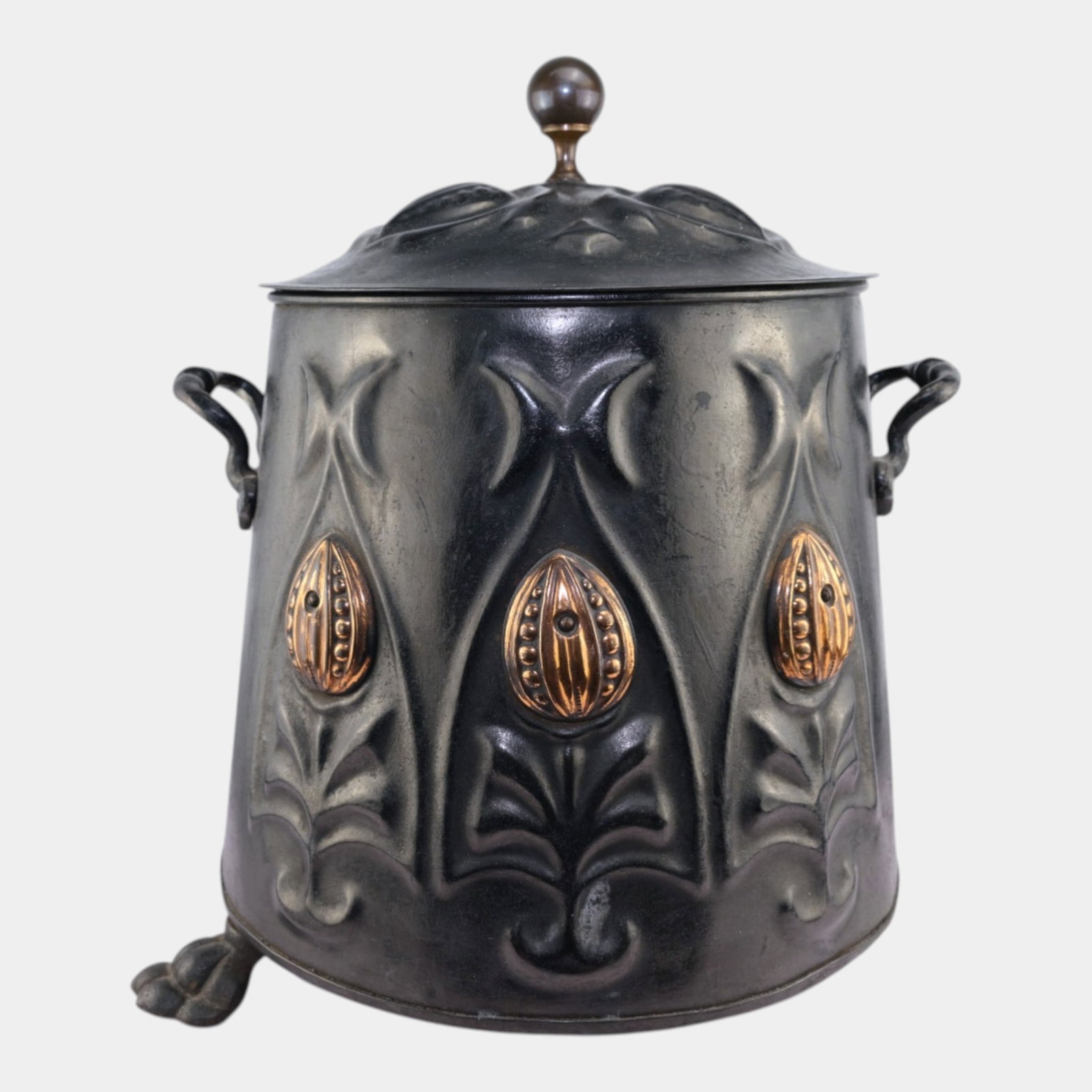 19th Century Art Nouveau Black Painted Metal Paw Footed Coal Scuttle With Lid (1 of 9)