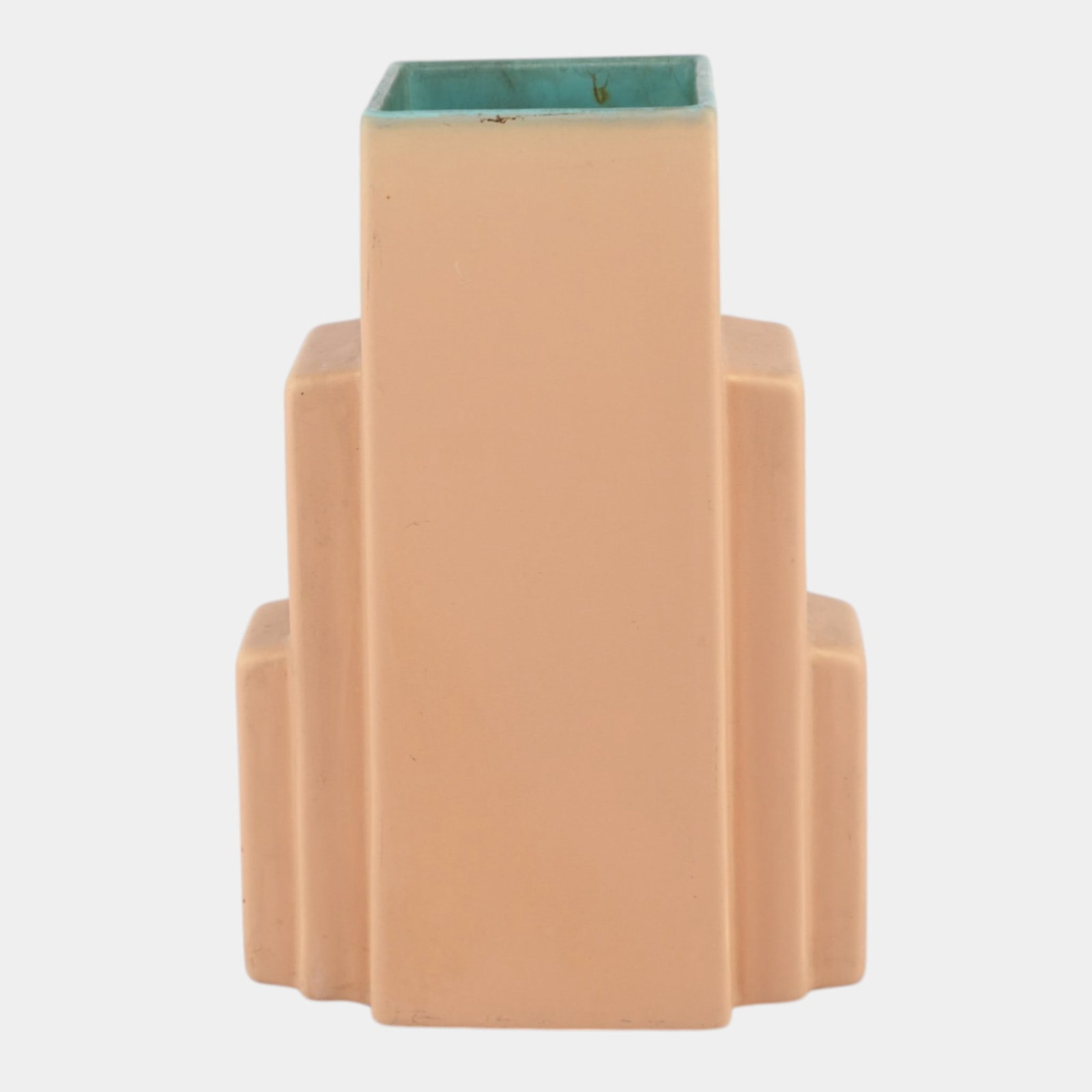 Coors Colorado 1940s Vintage Art Deco Pottery Matte Pink Stepped Skyscraper Vase: We offer affordable in-house shipping on all items.For higher resolution images please visit bid.craftedauctions.com Coors Colorado 1940s Vintage Art Deco Pottery Matte Pink Stepped Skyscraper Vase Ha