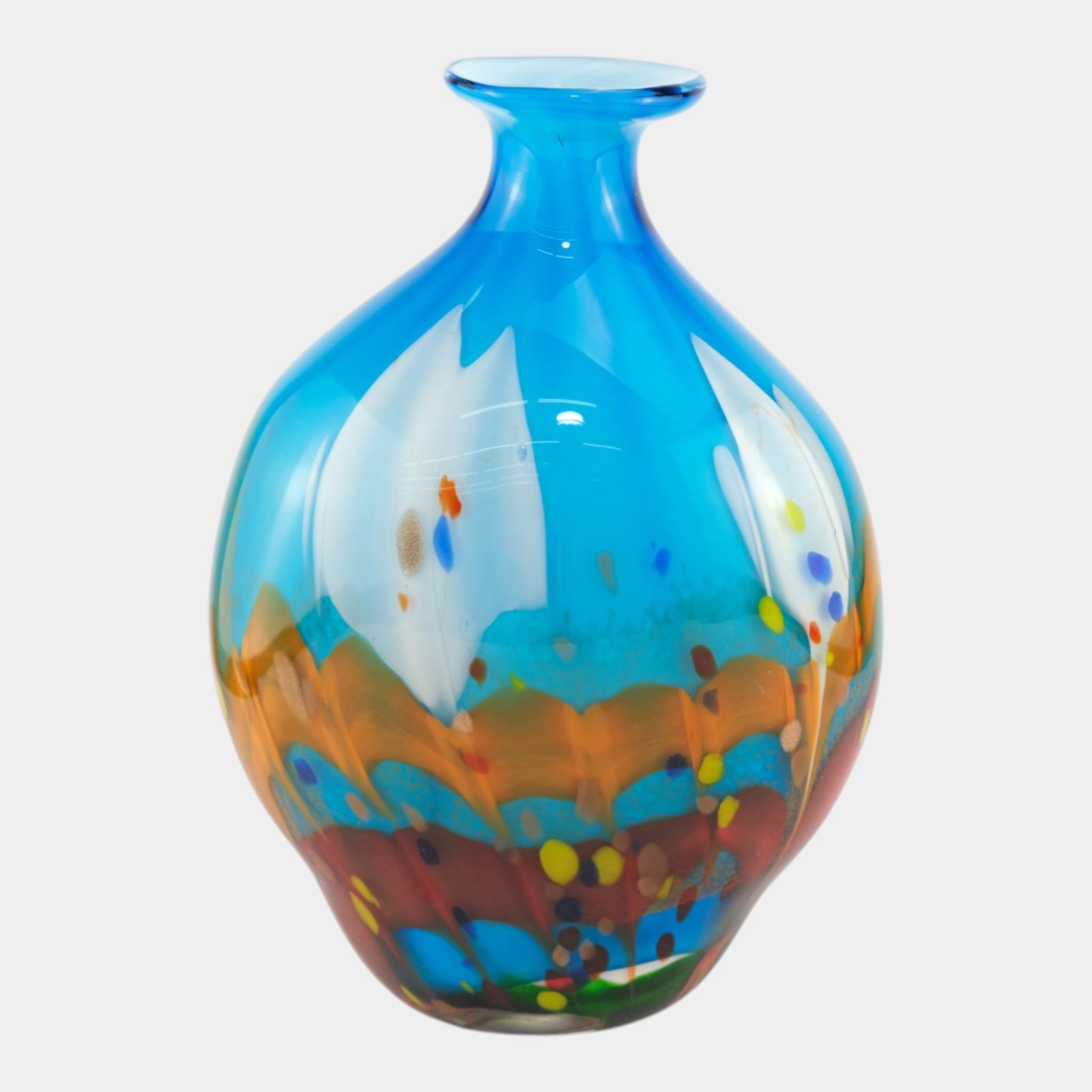 20th Century Vivid Blue Orange Red Abstract Design Large Art Glass Bottle Vase: We offer affordable in-house shipping on all items.For higher resolution images please visit bid.craftedauctions.com 20th Century Vivid Blue Orange Red Abstract Design Large Art Glass Bottle Vase Exce