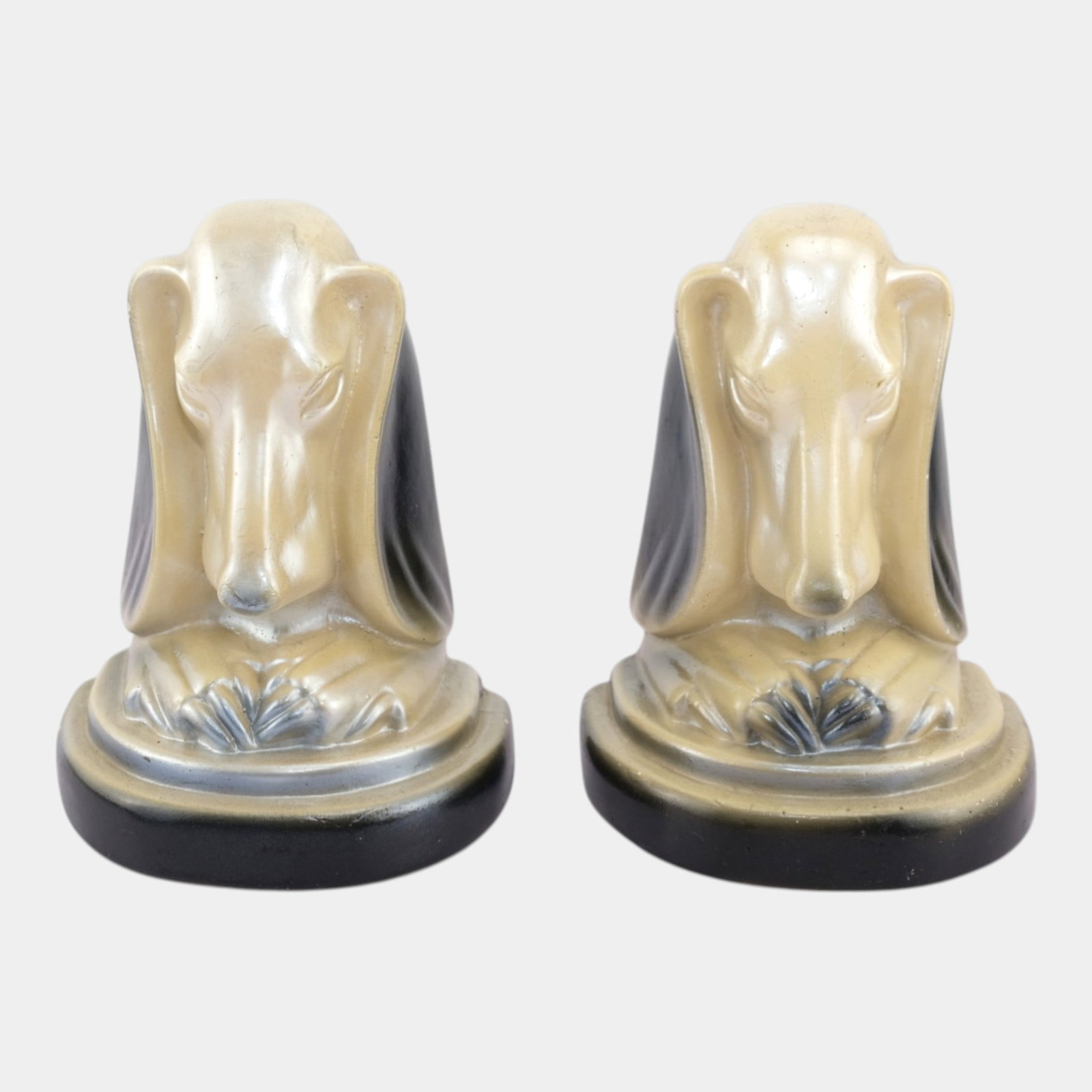 Mid Century Modern White Black Basset Hound Figural Chalkware Dog Bookends (1 of 4)