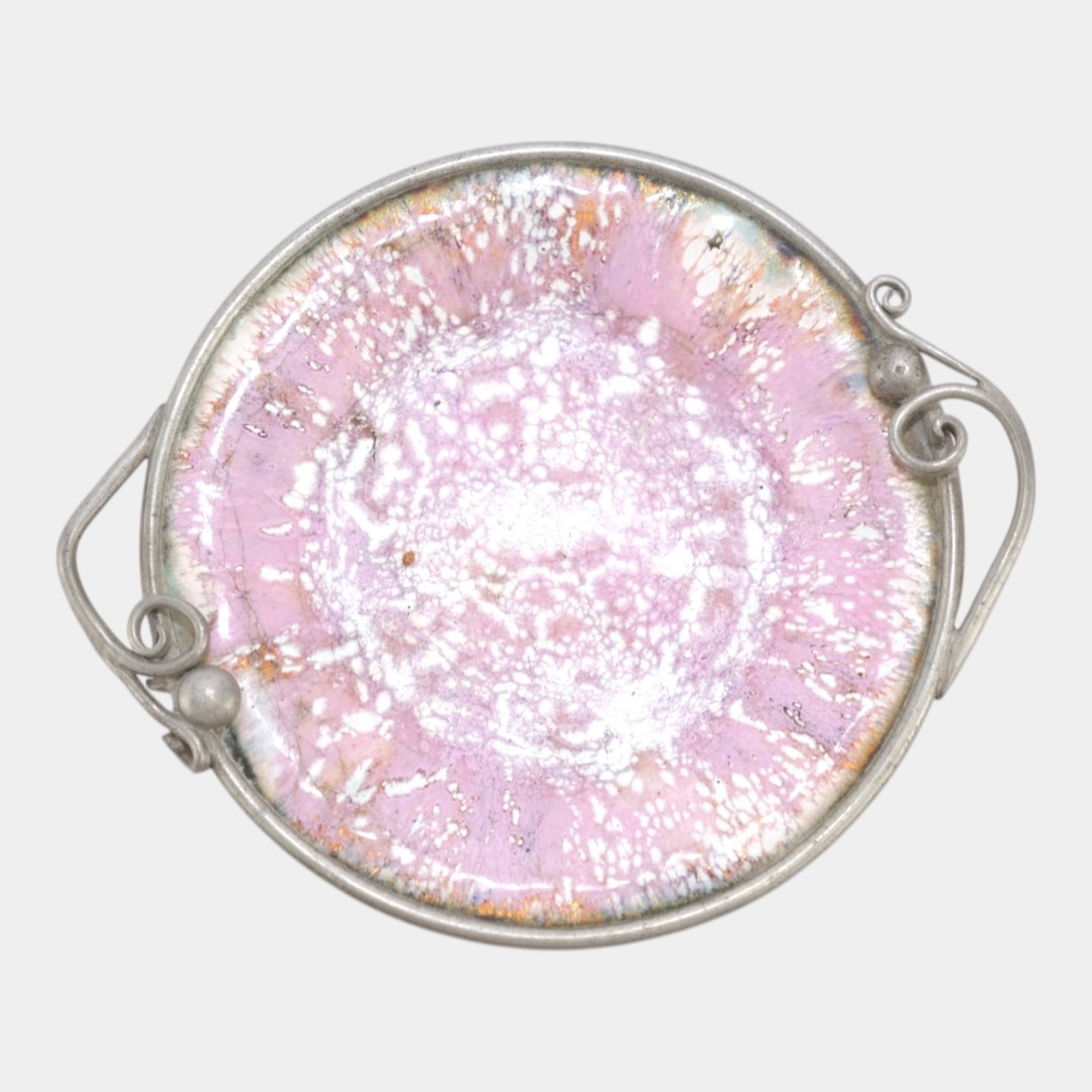 Serge Nekrassoff Pink Speckle Enameled Copper Body & Pewter Metal Handled Bowl: We offer affordable in-house shipping on all items.For higher resolution images please visit bid.craftedauctions.com Serge Nekrassoff Pink Speckle Enameled Copper Body & Pewter Metal Handled Bowl Exce
